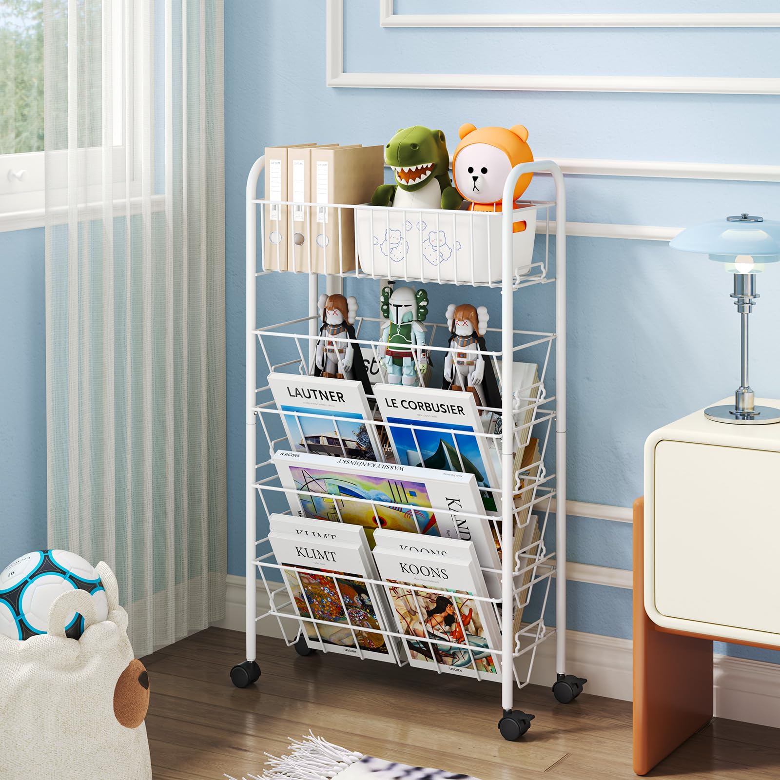 5-Tier Rolling Book Cart with Wheels - Metal Mobile Bookshelf for Classroom, Dorm, School & Home - Portable Book Storage Organizer & Office File Cart - Perfect for Study, Library & Workspace Organization (White)