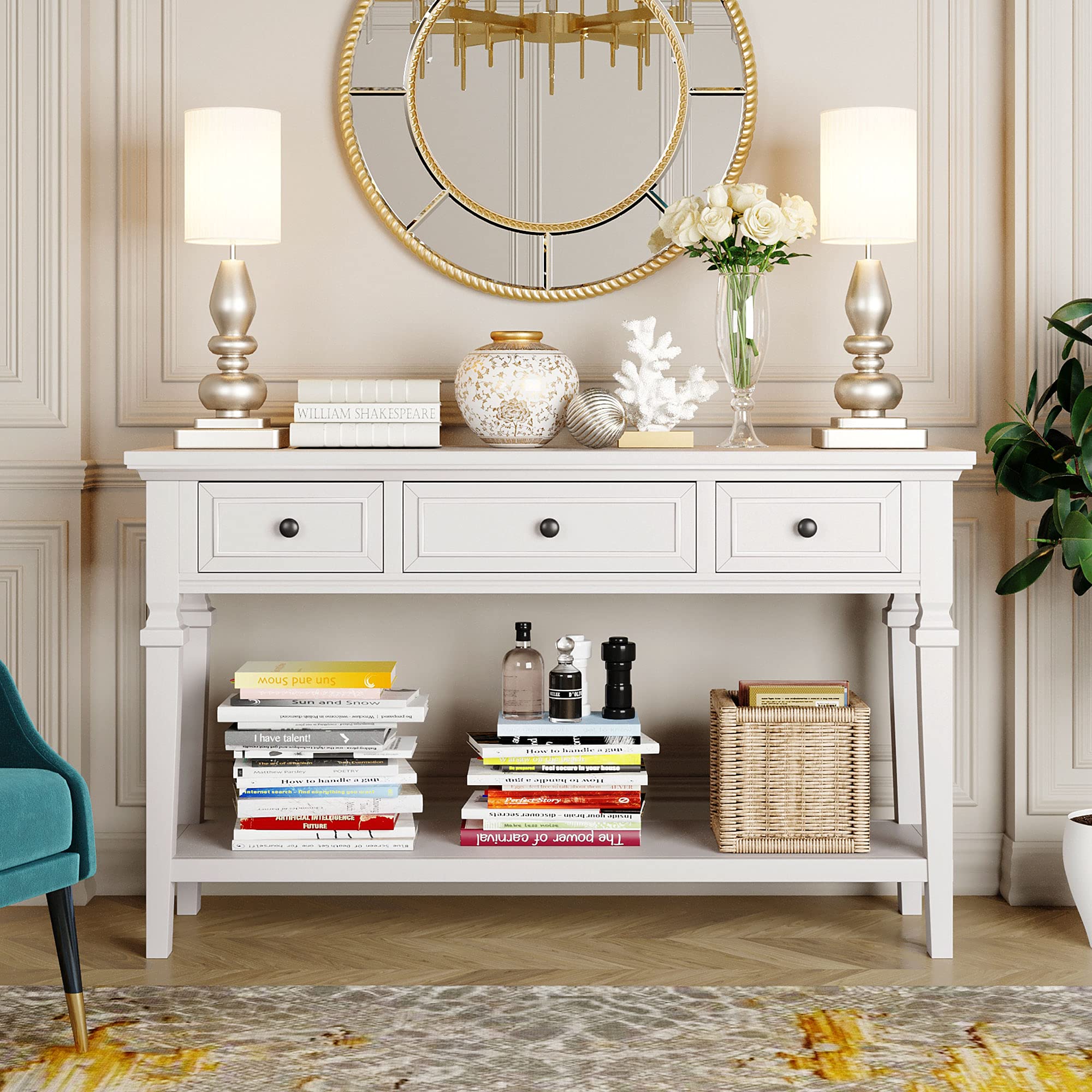 Vintage Wood Console Table with 3 Drawers & Open Shelf - Retro Sofa Couch Table for Living Room, Hallway & Entryway - Easy Assembly Antique White - Perfect for Home Decor, Small Space Furniture & Farmhouse Style Interiors