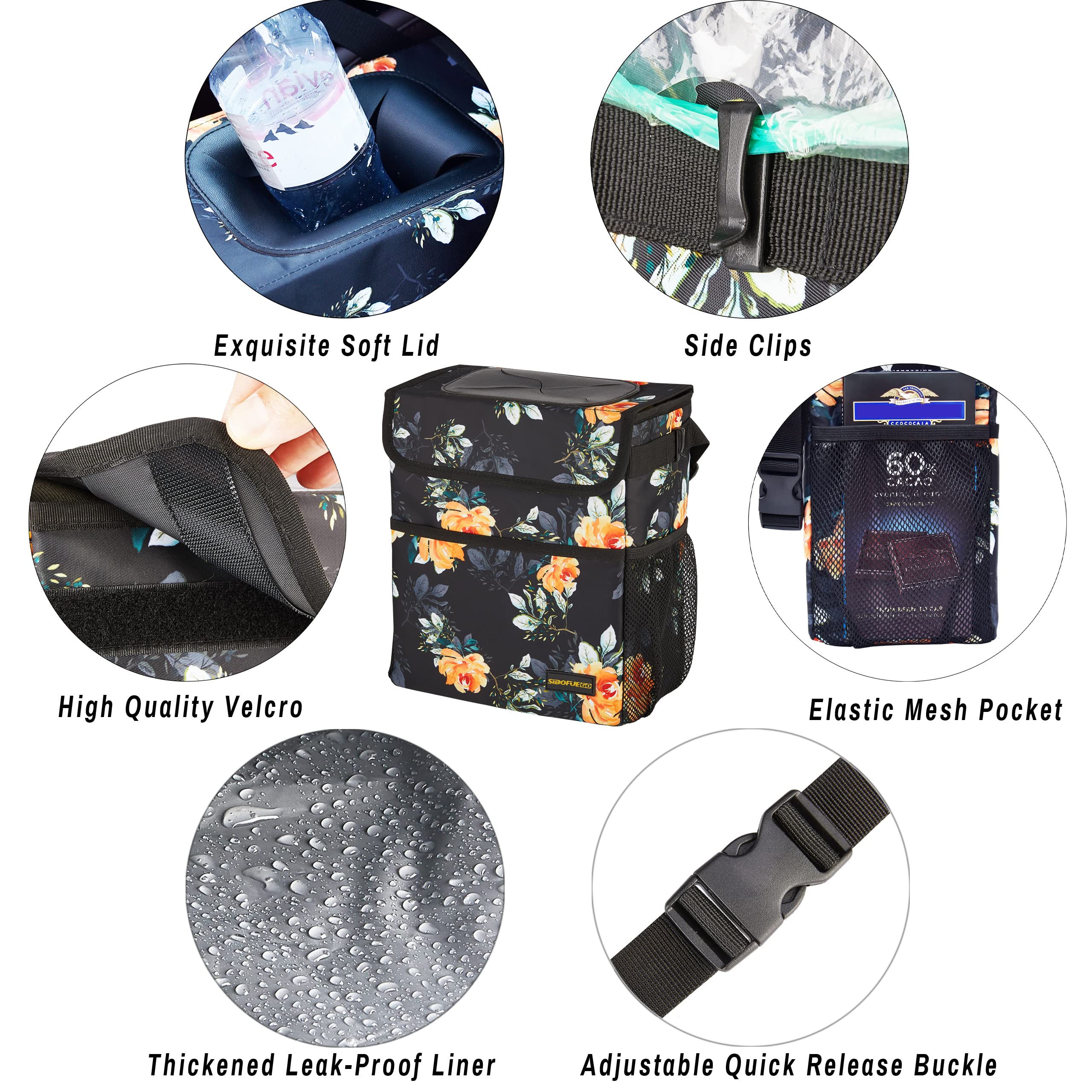 Leak-Proof Collapsible Car Trash Can with Lid - 2 Gallon Waterproof Garbage Bin with Storage Pockets & Adjustable Straps for Vehicles, Travel, Camping & Home Use (Flower Design)