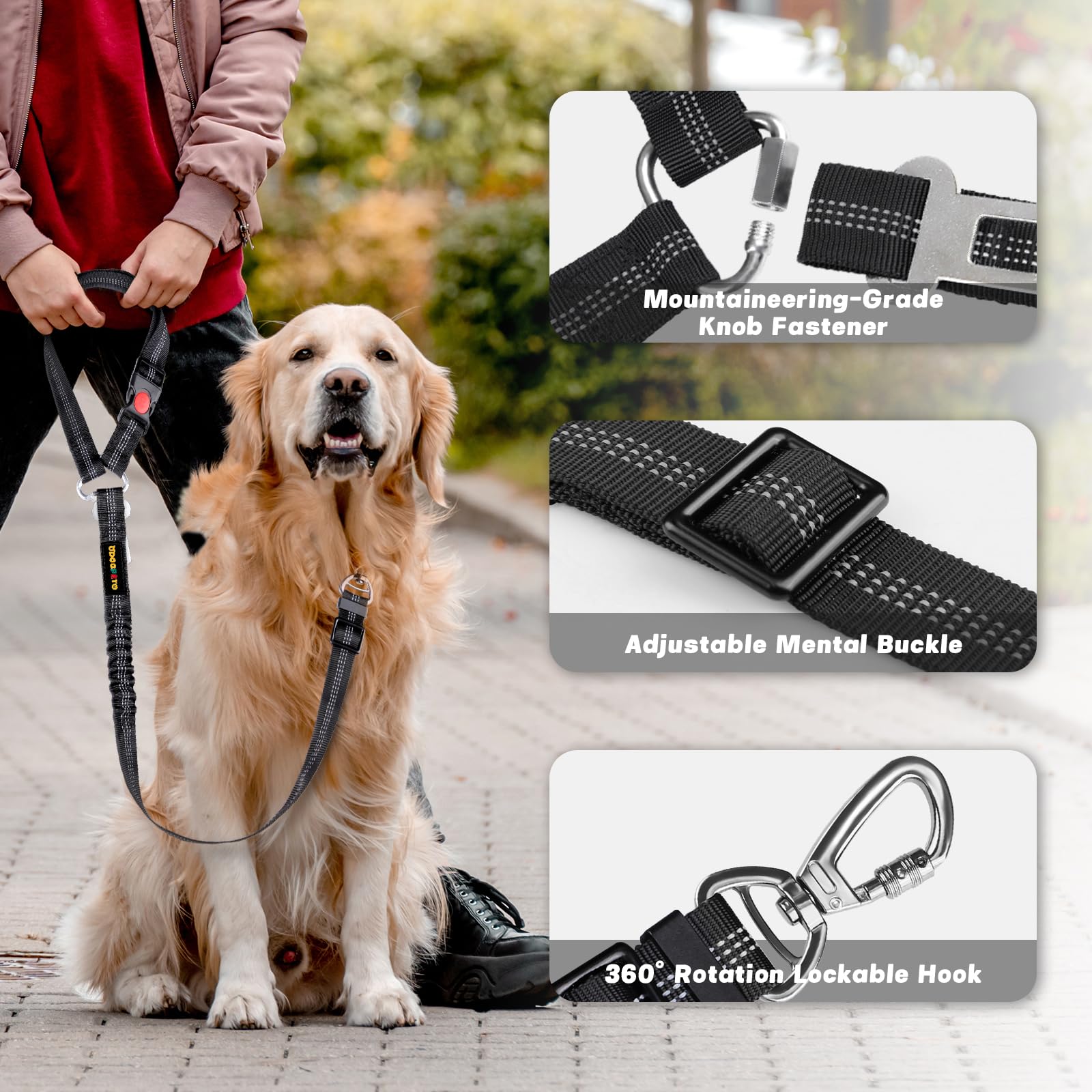 Adjustable 4-in-1 Reflective Dog Car Seatbelt with Hook & Buckle, Secure Dog Seat Belt Harness for Vehicle Headrest & Swivel Carabiner, Includes Poop Bag, Black - Ideal for Safe Car Travel and Outdoor Adventures