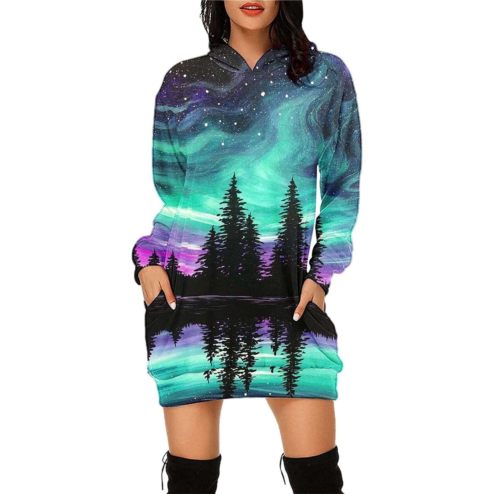 Women's Plus Size Hooded Sweatshirt Dress - Y2K Long Sleeve Starry Sky Print Casual T-Shirt Dress for Teen Girls | Perfect for Homecoming, Streetwear & Cozy Loungewear