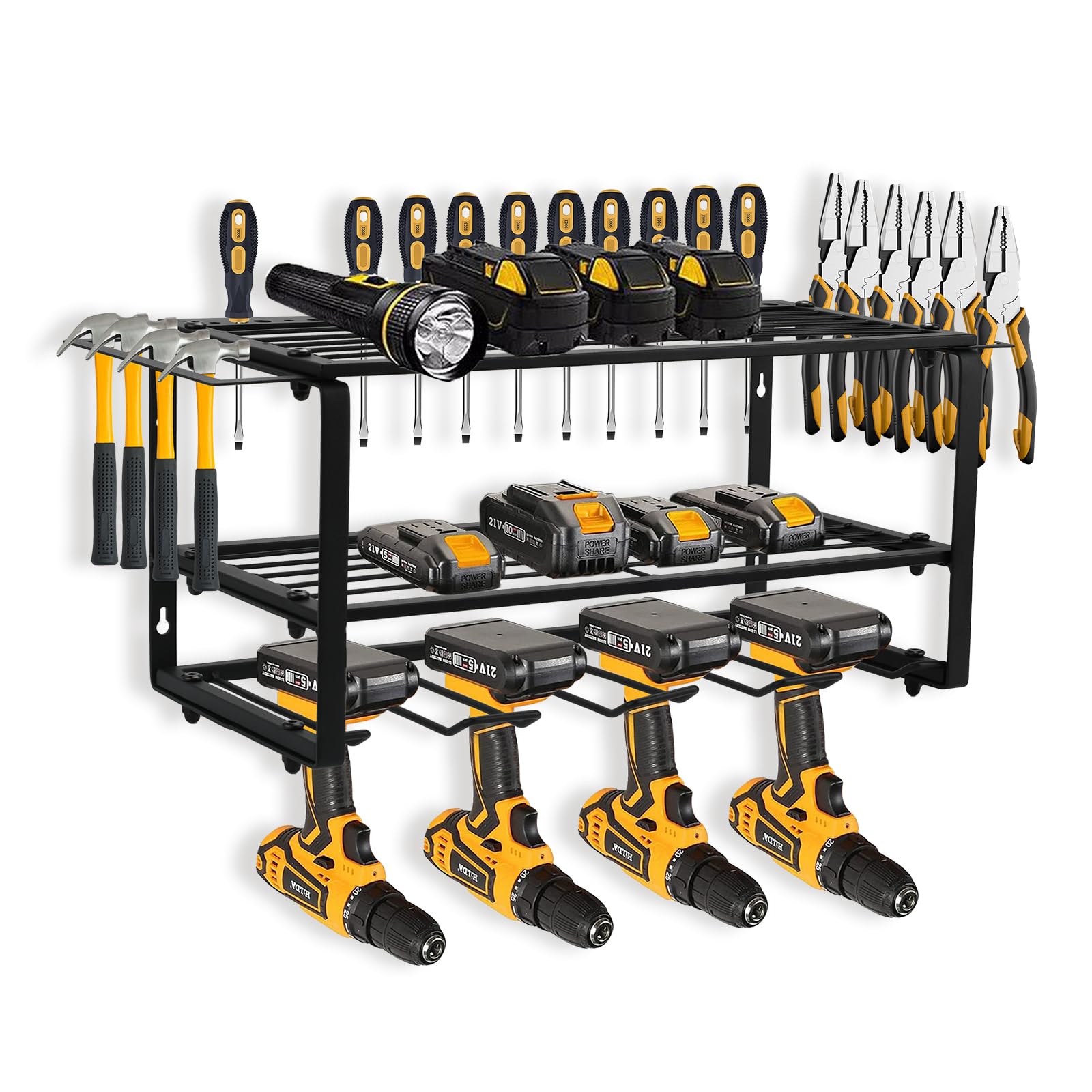 Heavy Duty 3-Layer Wall Mount Power Tool Organizer with 4 Drill Holders - 150Lbs Capacity Tool Storage Rack for Workshop & Garage | Perfect for DIY Projects, Home Improvement & Professional Tool Organization
