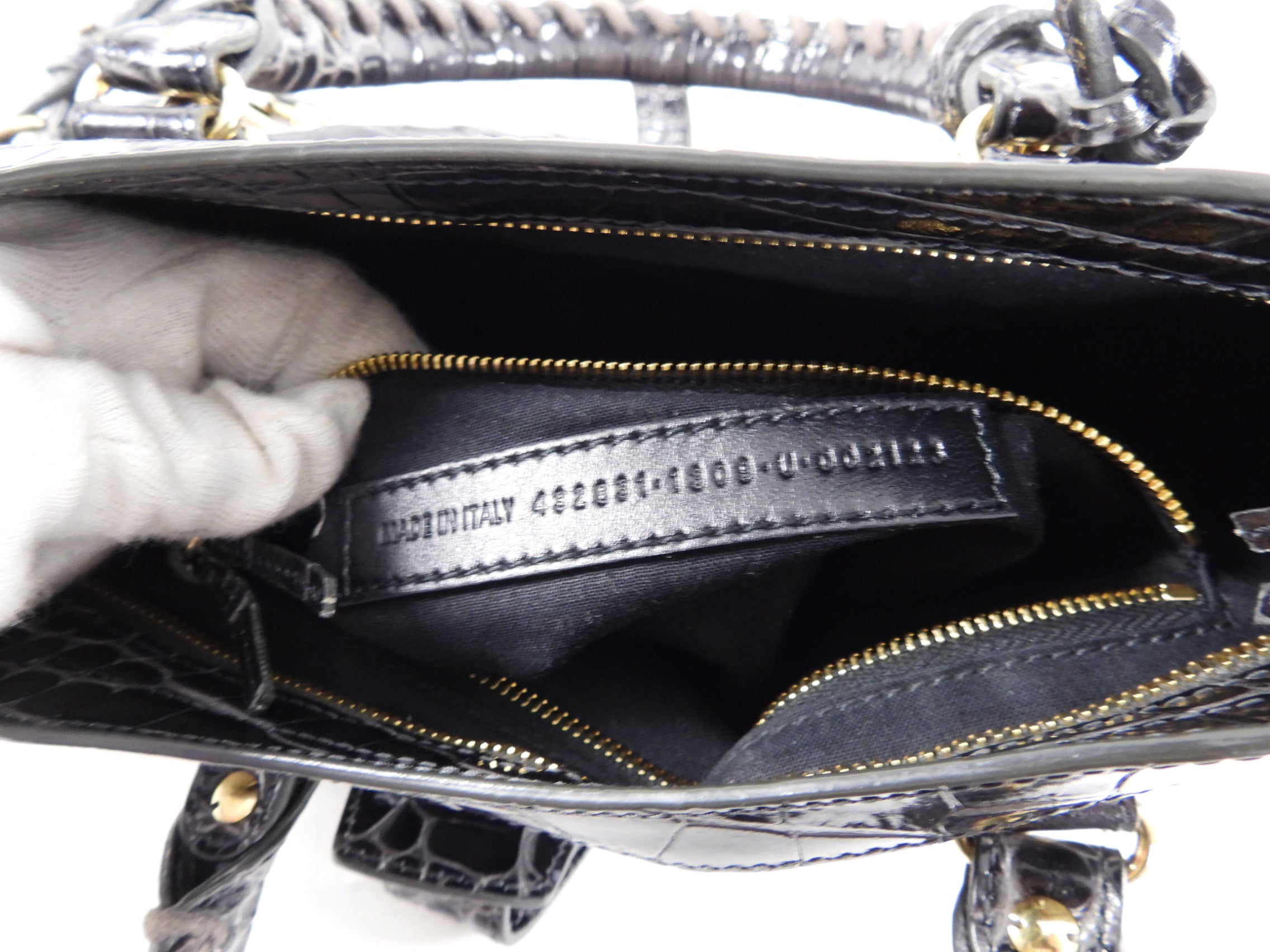 Balenciaga Dark Grey Croc Embossed Small Metallic Edge City Bag - Luxury Designer Handbag for Women, Perfect for Everyday Use & Night Out