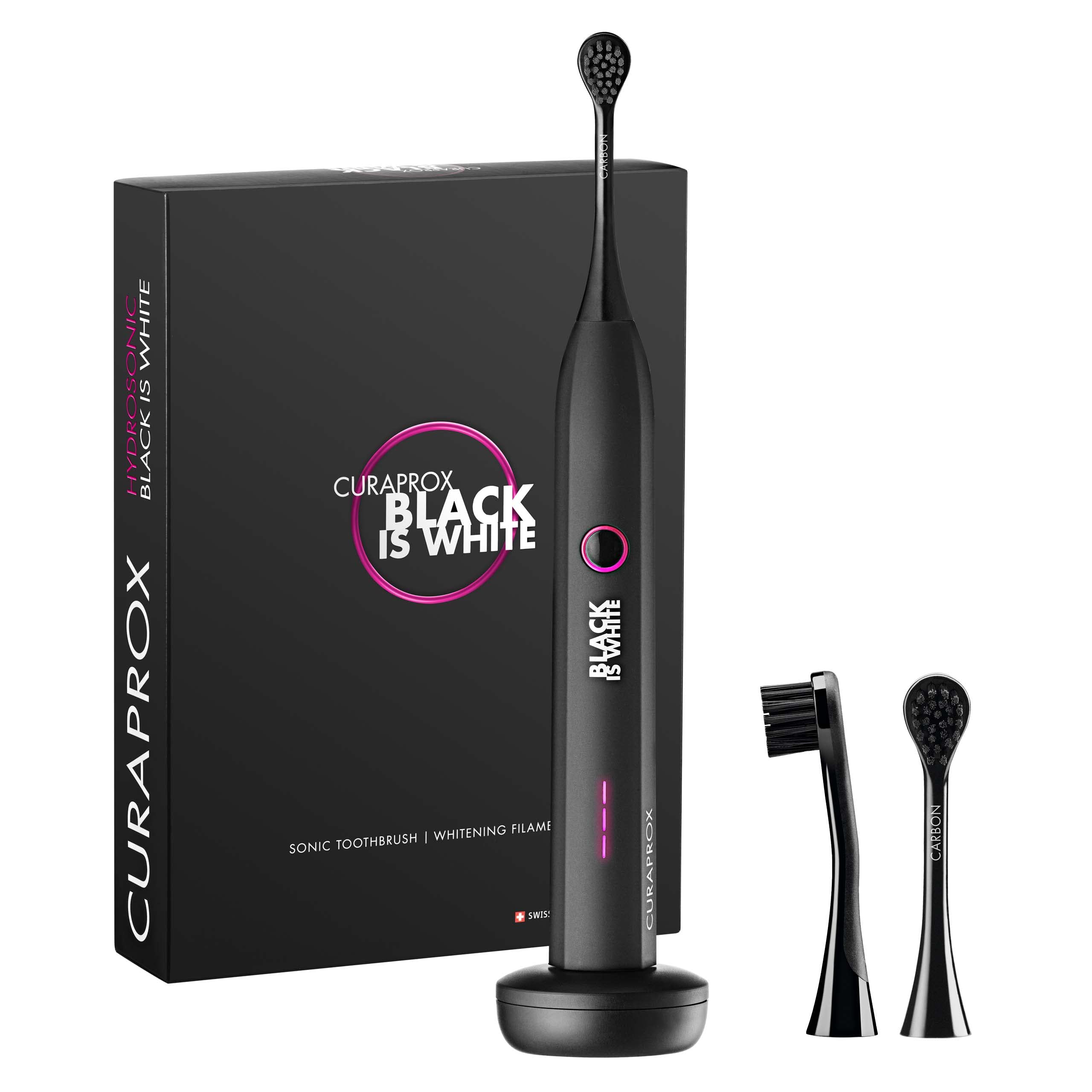 Curaprox Black is White Hydrosonic Electric Toothbrush with 2 Brush Heads, USB Charger & Travel Case - Professional Teeth Cleaning for Home & Travel Use
