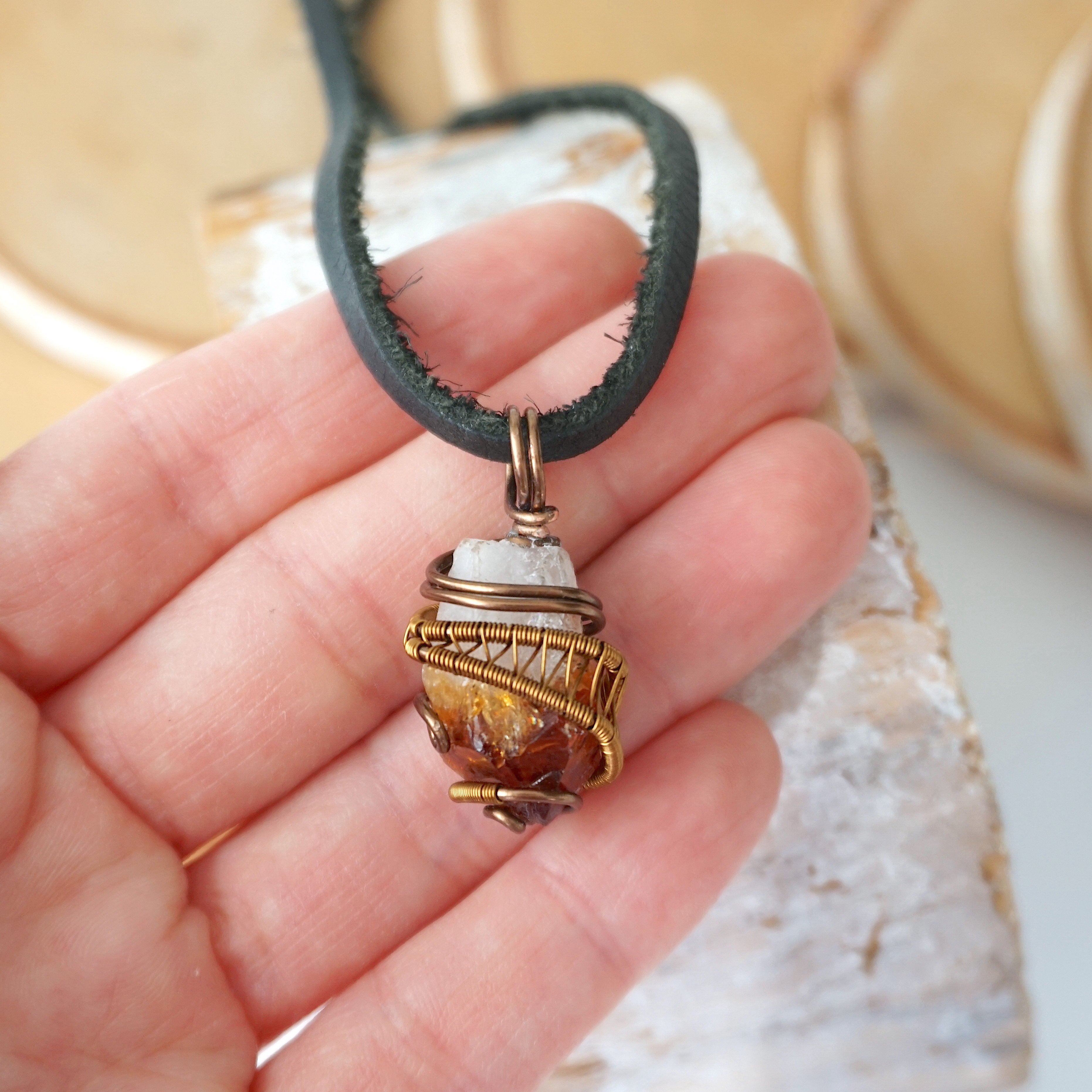Antique Bronze Men's Citrine Point Pendant with Black Leather Cord - Perfect for Gifts, Meditation & Spiritual Healing
