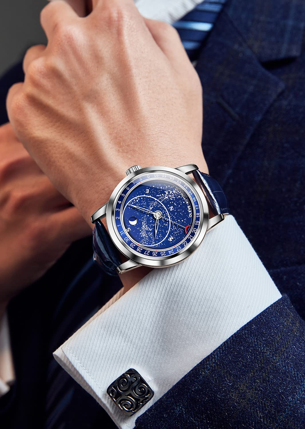 OLEVS Men's Automatic Mechanical Watch - Starry Sky Moon Phase, Blue Leather Strap, Luxury Dress Watch, Waterproof & Luminous - Perfect for Business, Formal Events & Gift Giving