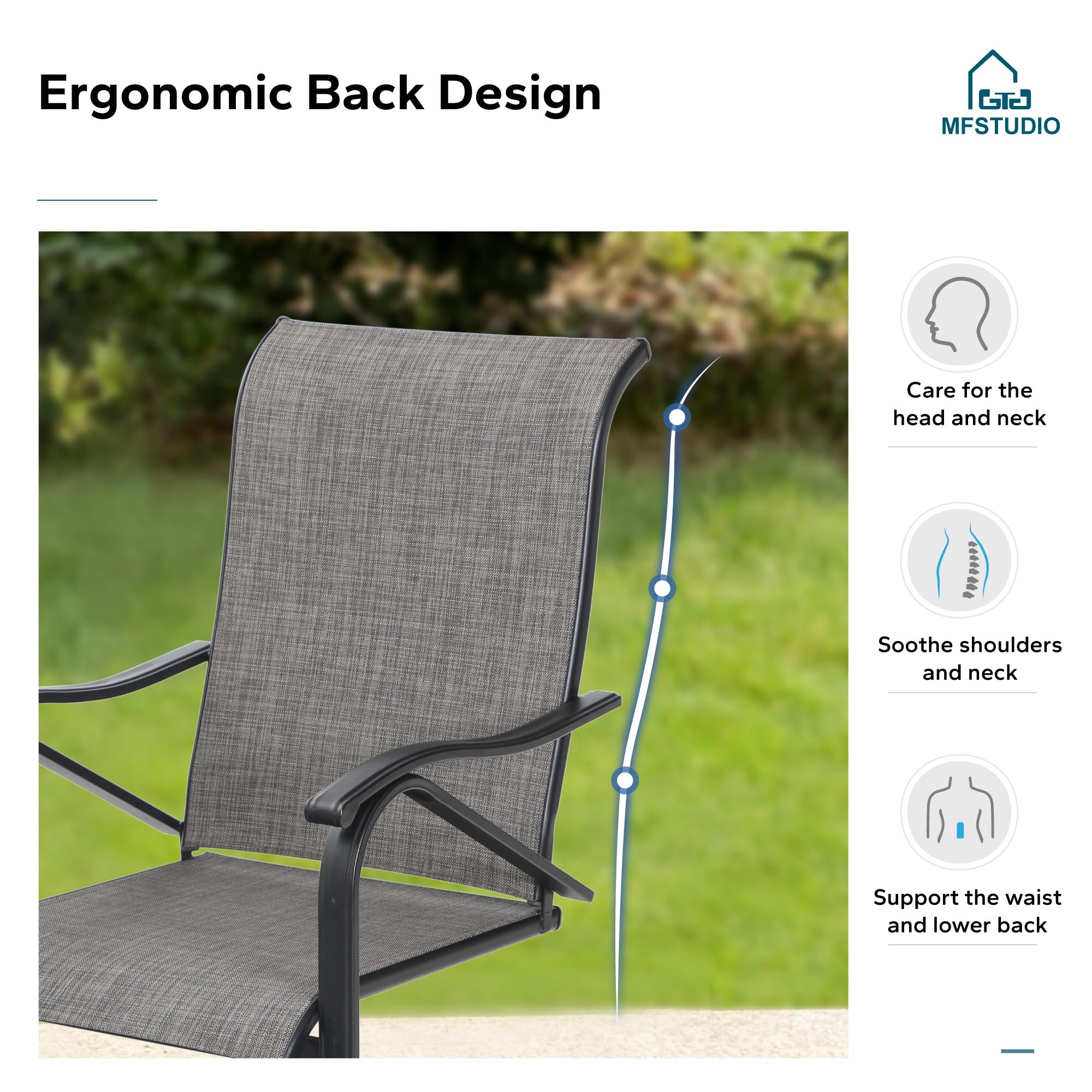 MFSTUDIO Patio Dining Chairs Set of 2 - High Back Sling Outdoor Chairs Heavy Duty 300LBS Capacity - Perfect for Backyard, Deck, Garden & Poolside Relaxation