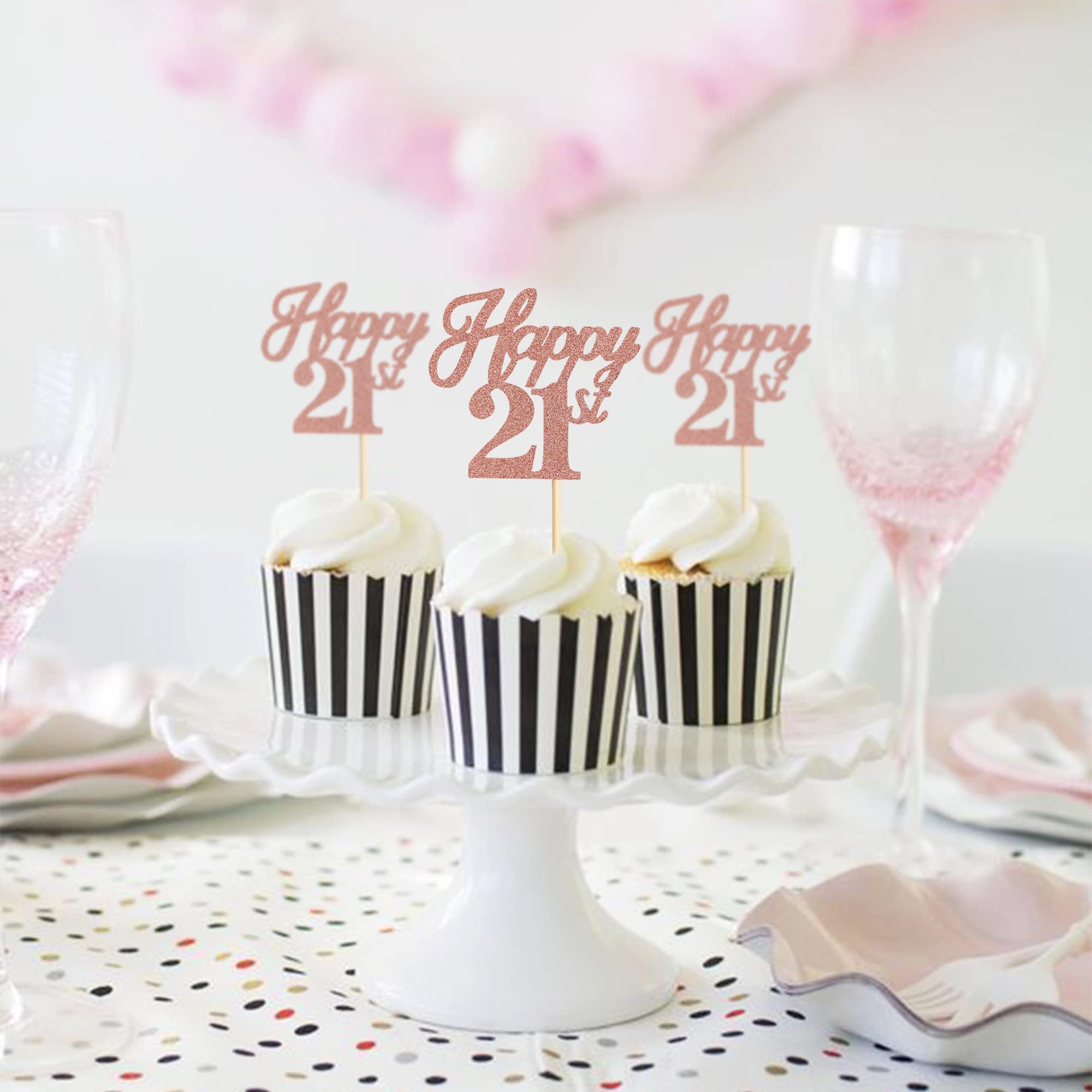 24 Pack Rose Gold Glitter 21st Birthday Cupcake Toppers - Happy 21st Cupcake Picks for Wedding, Anniversary & Party Cake Decorations - Cheers to 21 Cupcake Decor Supplies (Perfect for Milestone Celebrations & Dessert Displays)