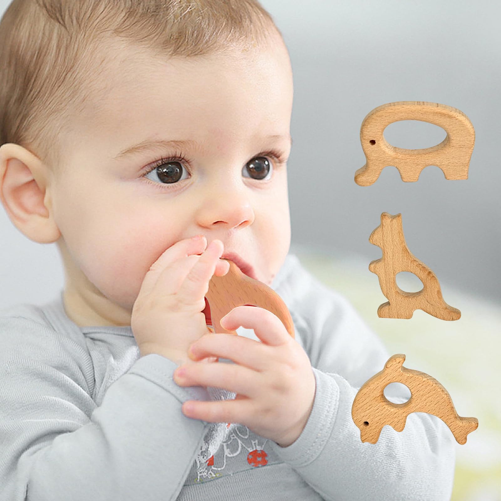 12-Pack Natural Wooden Teether Toys for Babies - Sensory Chew Toys for Teething Relief (Deer, Elephant, Seahorse, Dolphin, Kangaroo, Rocking Horse) | Safe & Non-Toxic Infant Teethers for Soothing Sore Gums - Perfect for Home, Travel & Daycare Use