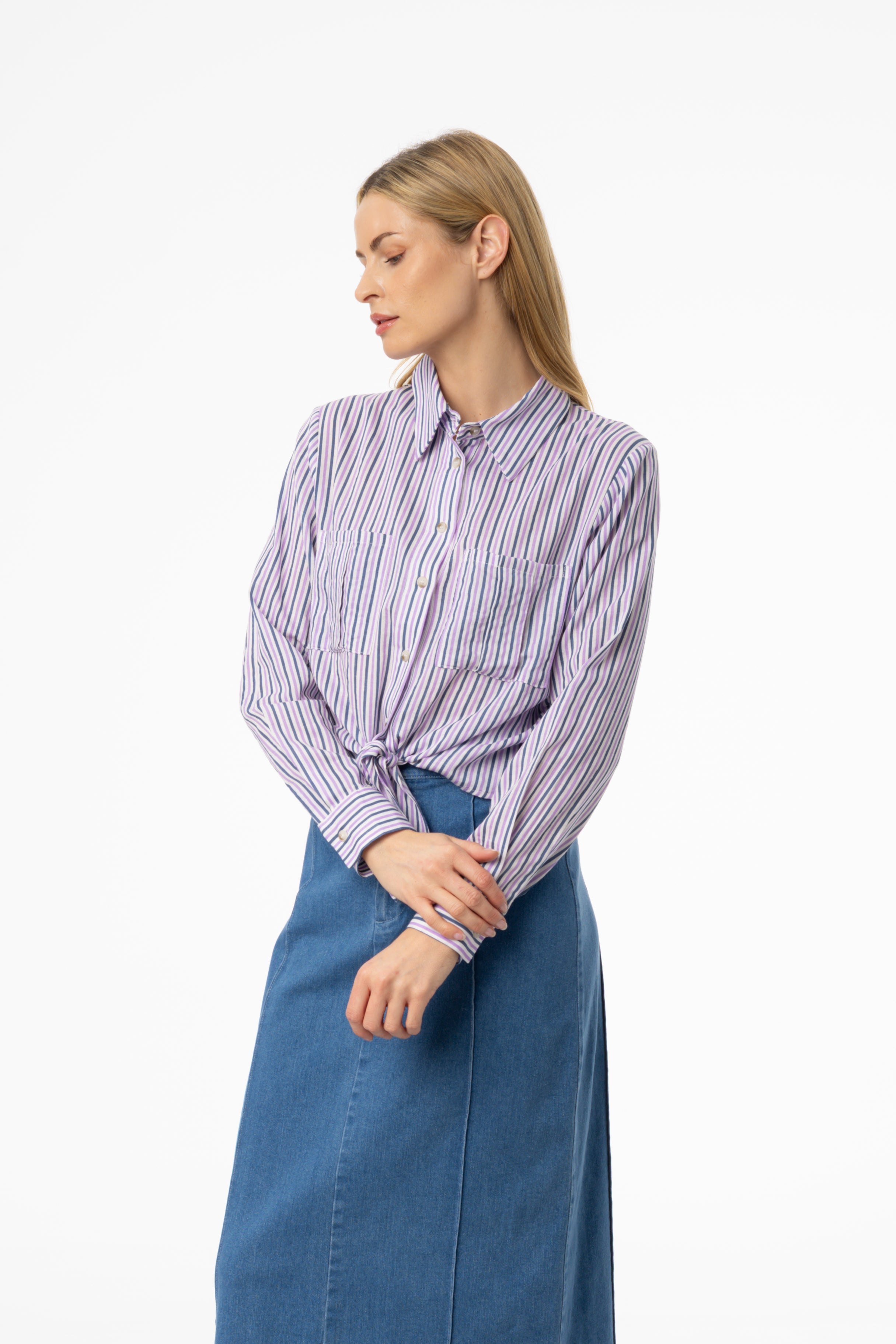 Elegant Purple Multi-Striped Tie Blouse for Women - Stylish Office & Party Wear - Perfect for Work, Dates & Special Occasions