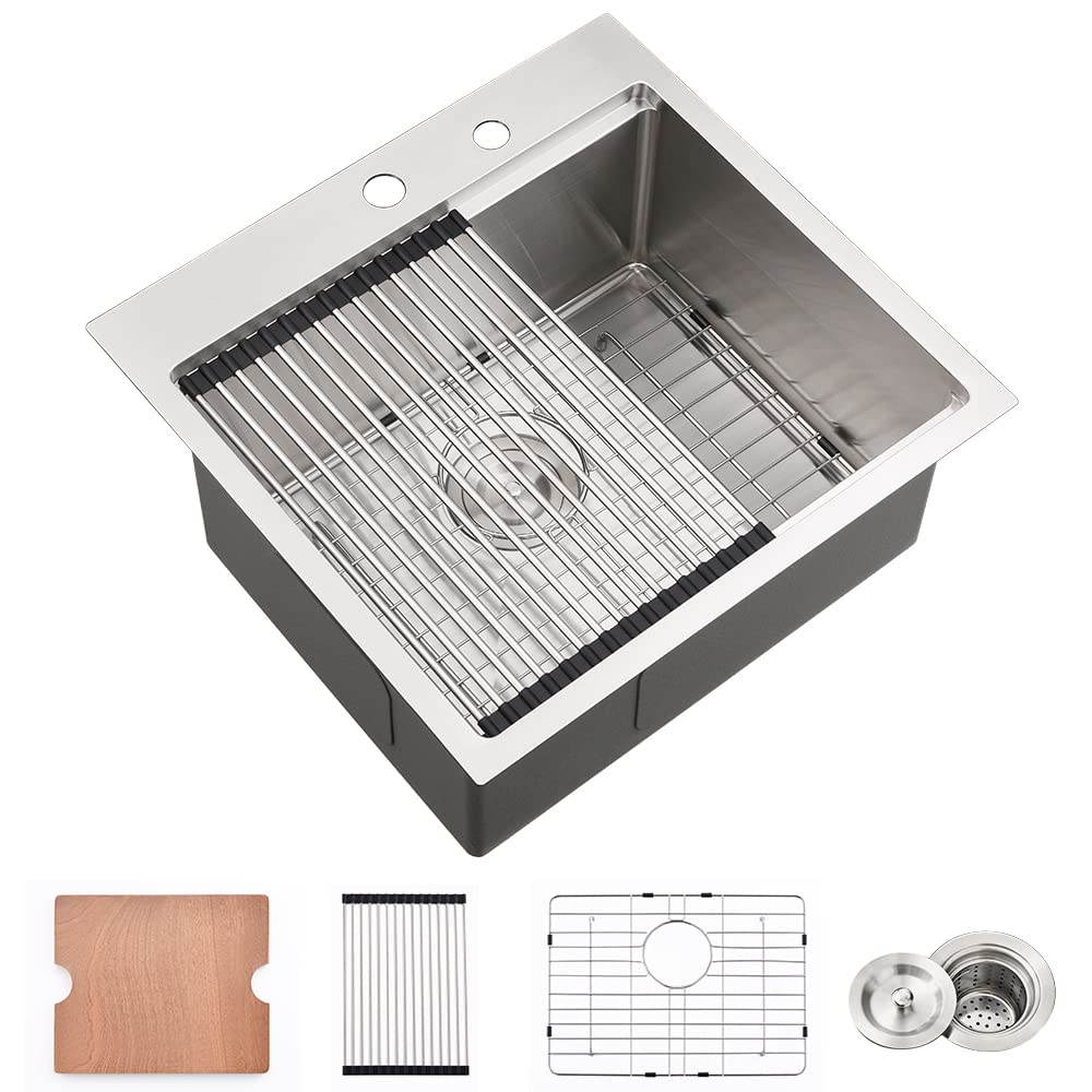 21 Inch Stainless Steel Drop-In Bar Sink - VASOYO 16 Gauge Single Bowl RV Kitchen Sink with Cutting Board | Perfect for Outdoor Kitchen, Bar Prep, Small Spaces & RV Living