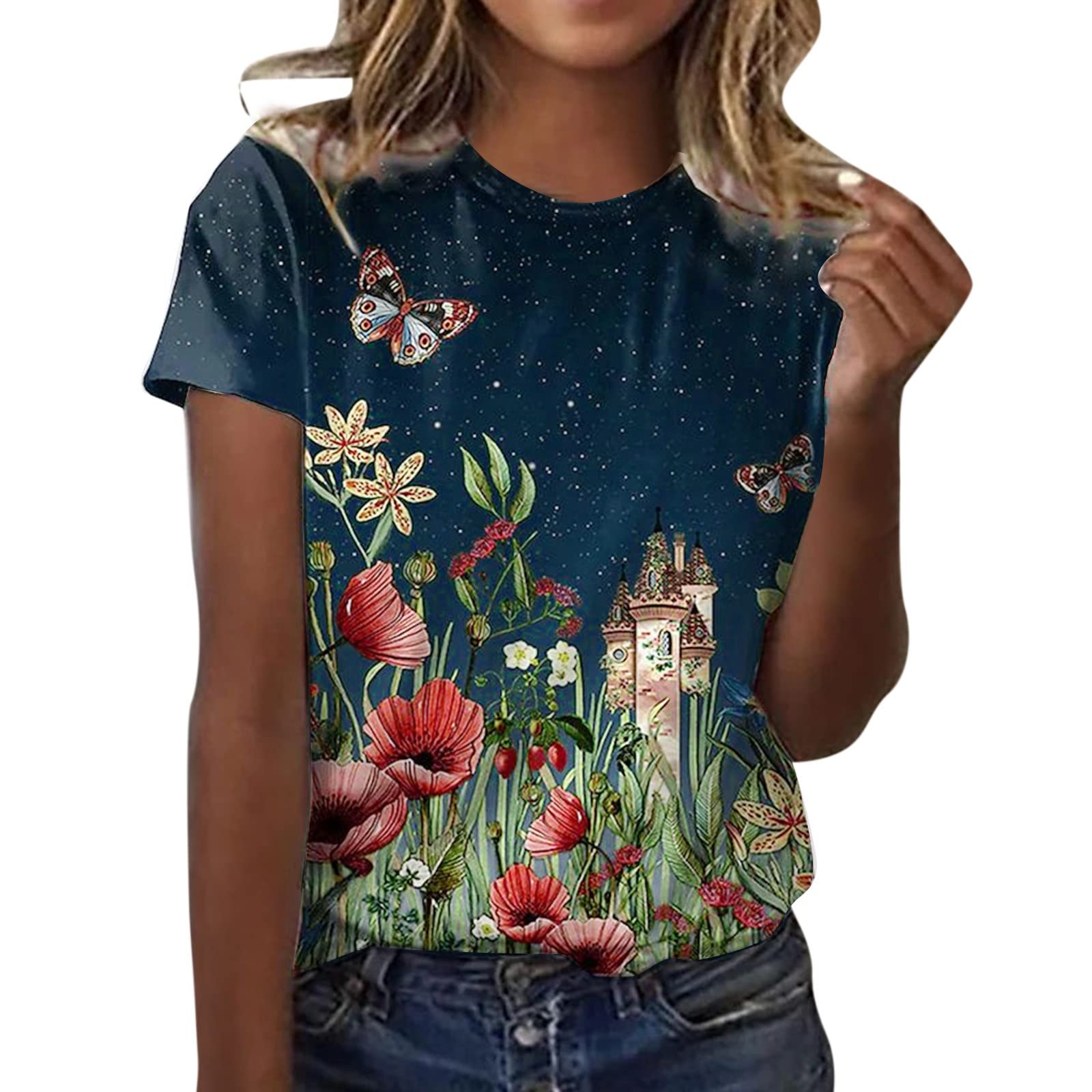 Plus Size Women's Cute Summer Tops - Floral Print Short Sleeve O-Neck T-Shirt for Casual Wear & Vacation Outfits | Beach, Party & Everyday Fashion