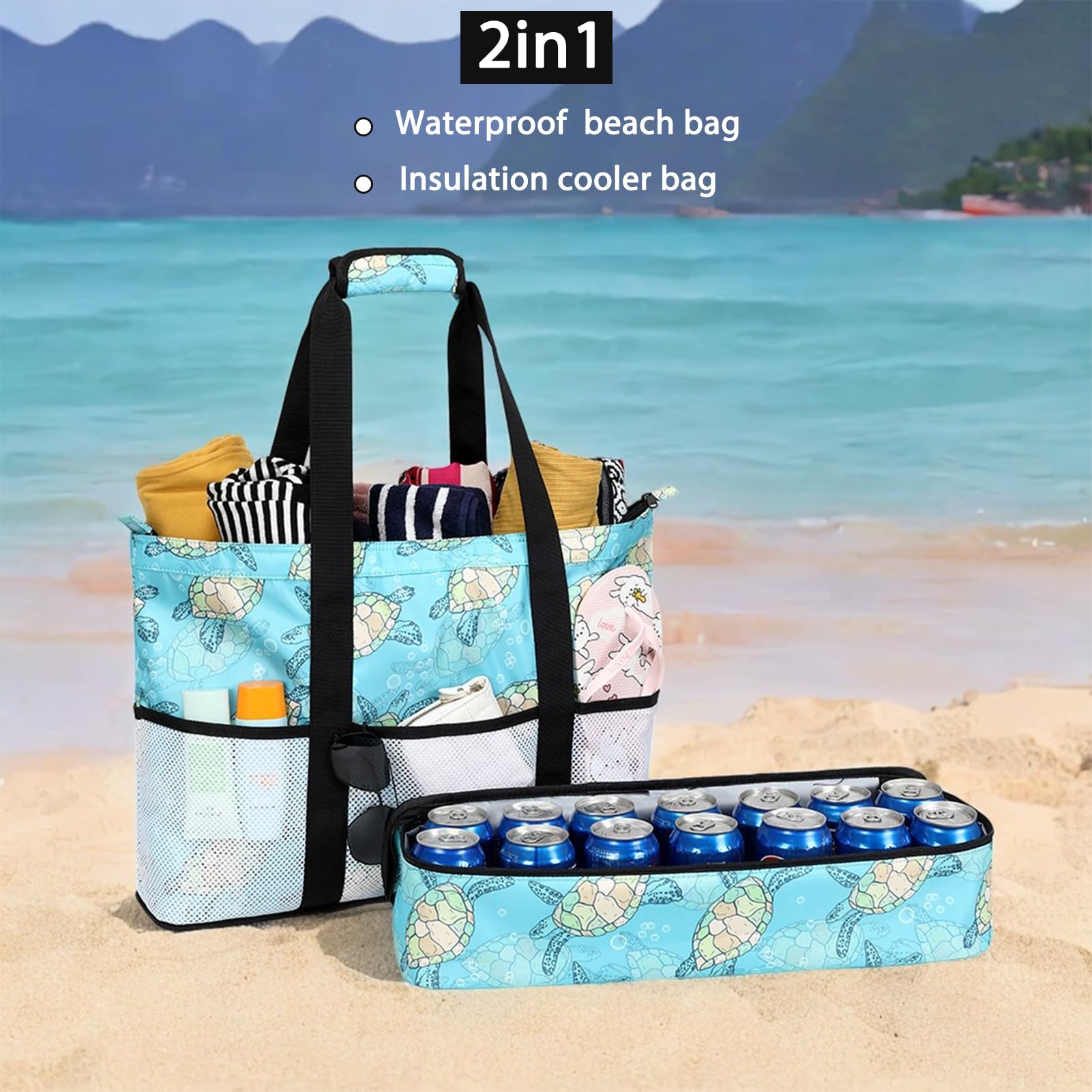 Octsky Waterproof Beach Tote Bag with Cooler - Large Sandproof Zipper Pool Bag for Women with 9 Pockets | Perfect for Beach Trips, Pool Parties & Summer Vacations