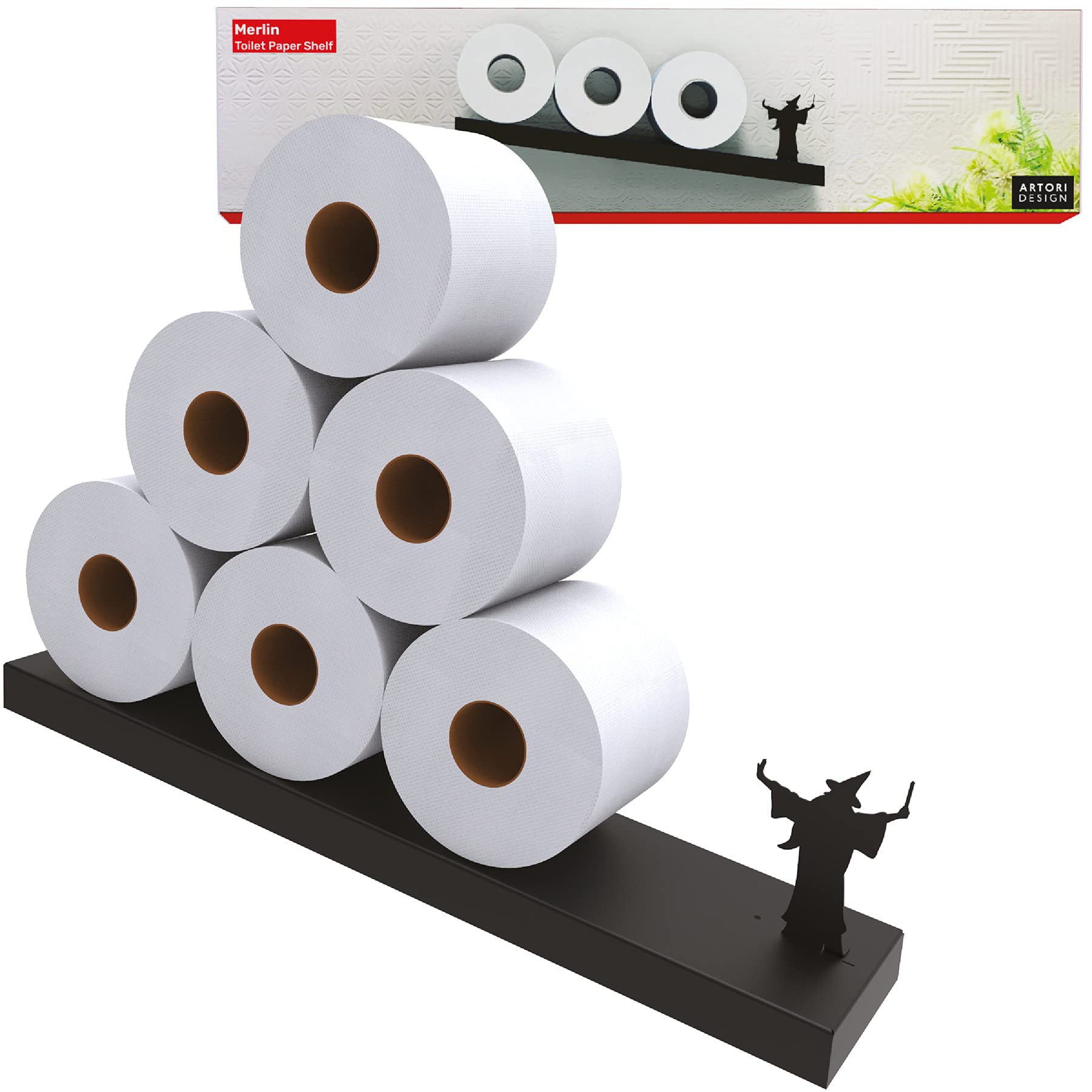 Artori Floating Toilet Paper Shelf Storage - Bathroom Wall Decor Organizer for Tissue Rolls, Wipes & Towels | Tilted Wall Mount Toilet Paper Holder | Space Saving Bathroom Decor (Merlin Black) - Perfect for Small Bathrooms, Powder Rooms & RV Toilets