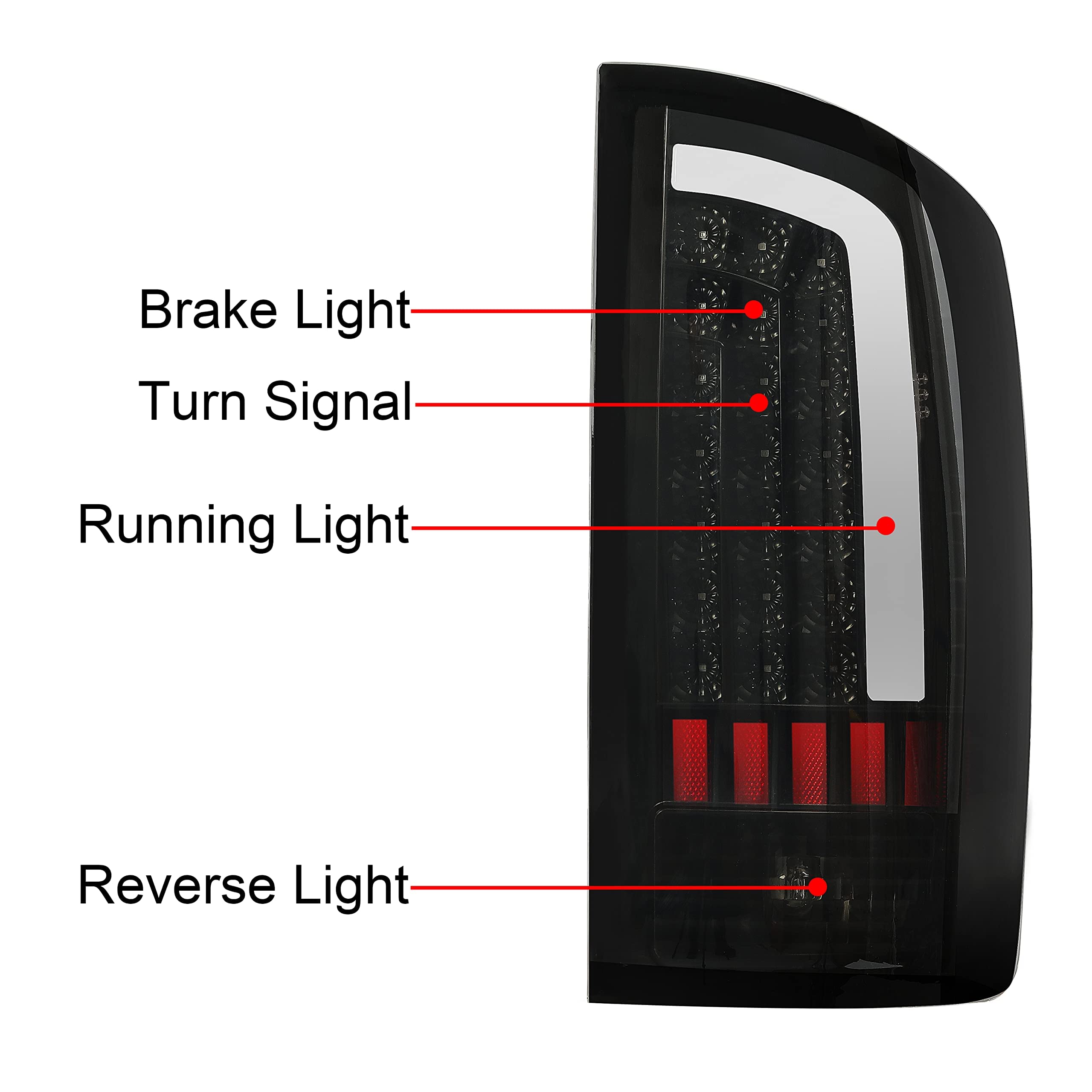HECASA LED Tail Lights Assembly for 2002-2006 Dodge Ram 1500/2500/3500 - Smoke Lens Black Housing LED Tube Bar Rear Brake Turn Signal Lamps (Pair) | Enhanced Night Visibility & Safety for Truck Drivers