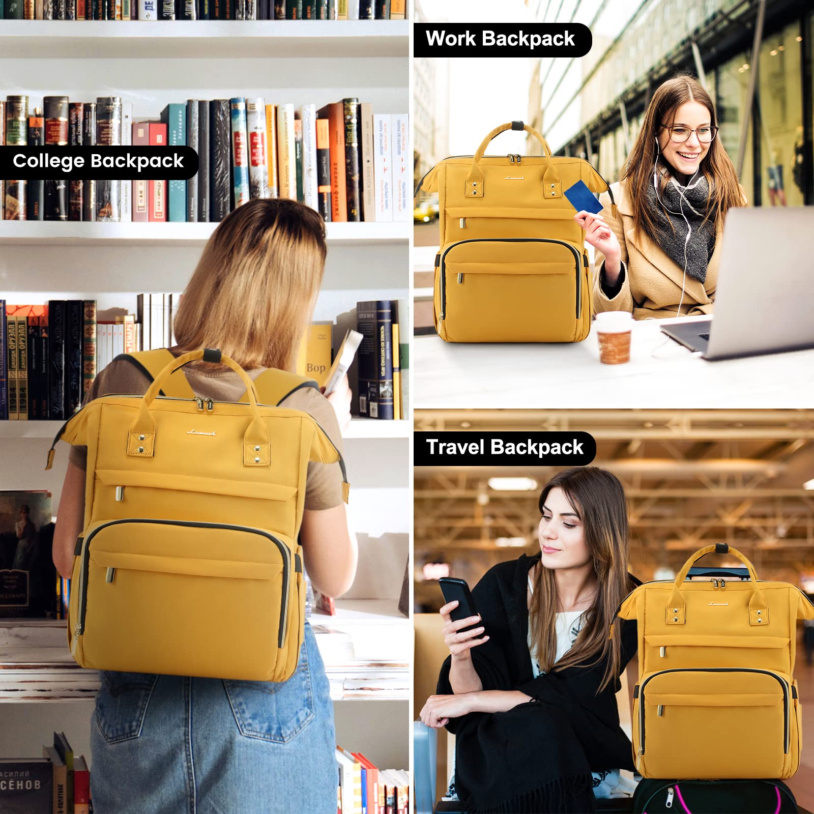 LOVEVOOK 15.6 Inch Anti-Theft Waterproof Laptop Backpack for Women - College, Travel & Work Backpack for Students, Teachers & Nurses - Perfect Gift for Women (Yellow) - Ideal for School, Commuting & Business Trips