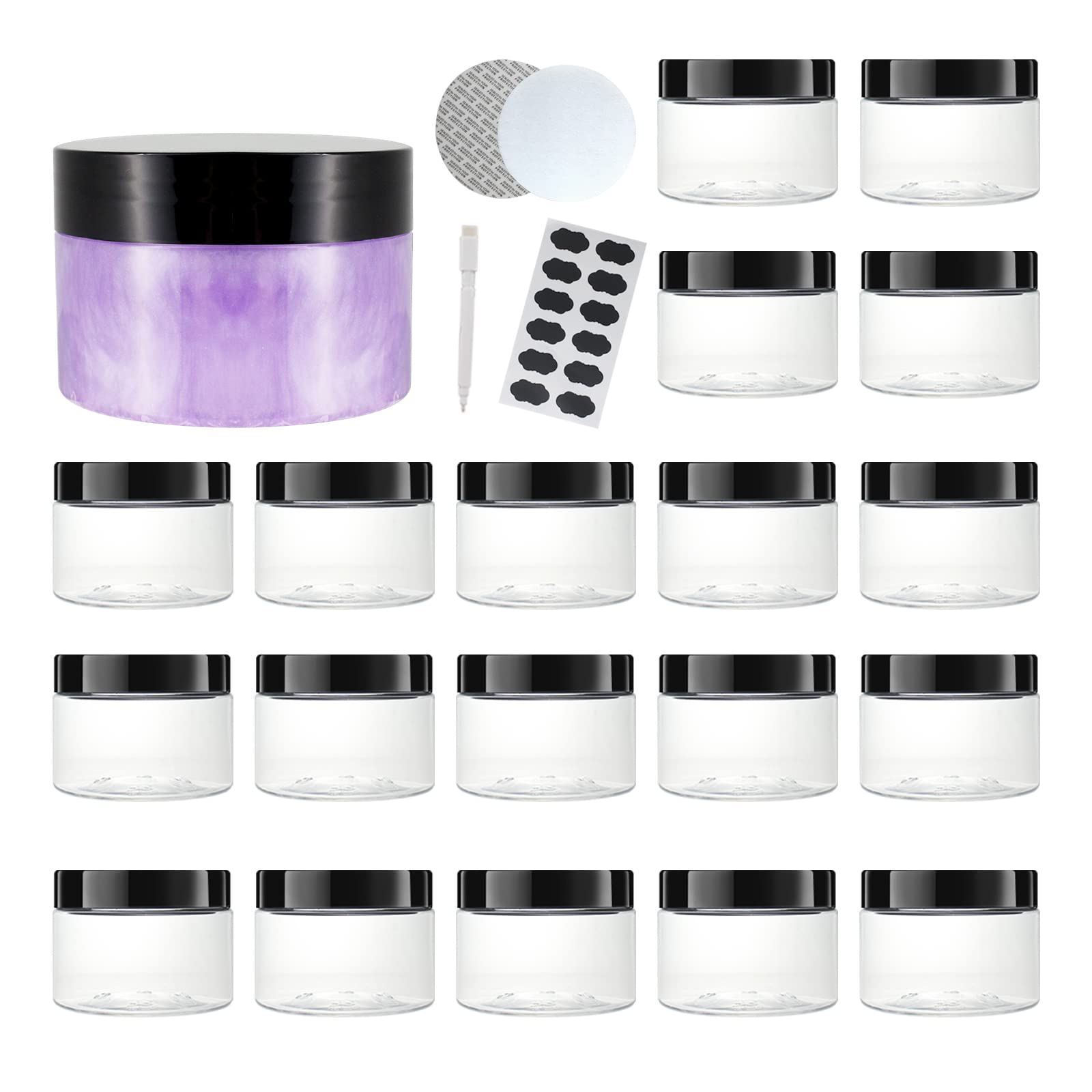 20 Pack 4oz Clear Plastic Slime Jars with Lids - Includes Spatula, Pen & Labels | Refillable Low Profile Containers for DIY Slime, Cosmetics, Travel Toiletries, Body Lotions & Sugar Scrubs | Perfect for Craft Storage, Party Favors & Travel Organization by ZMYBCPACK