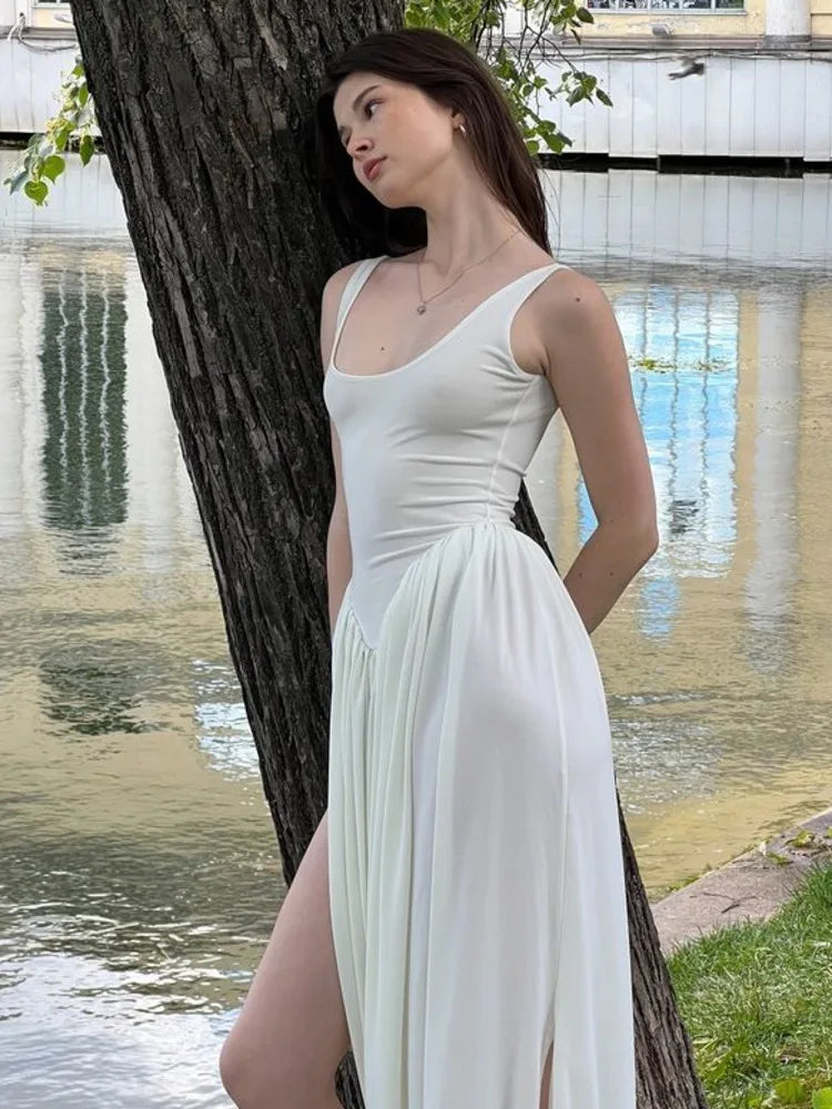 Elegant Sleeveless Elastic Bodycon Long Dress for Women - Fluffy Skirt with High Slit & Backless Design - Slim Fit Party, Evening, Vacation & Special Occasion Dresses - Perfect for Cocktail Parties, Date Nights & Beach Vacations