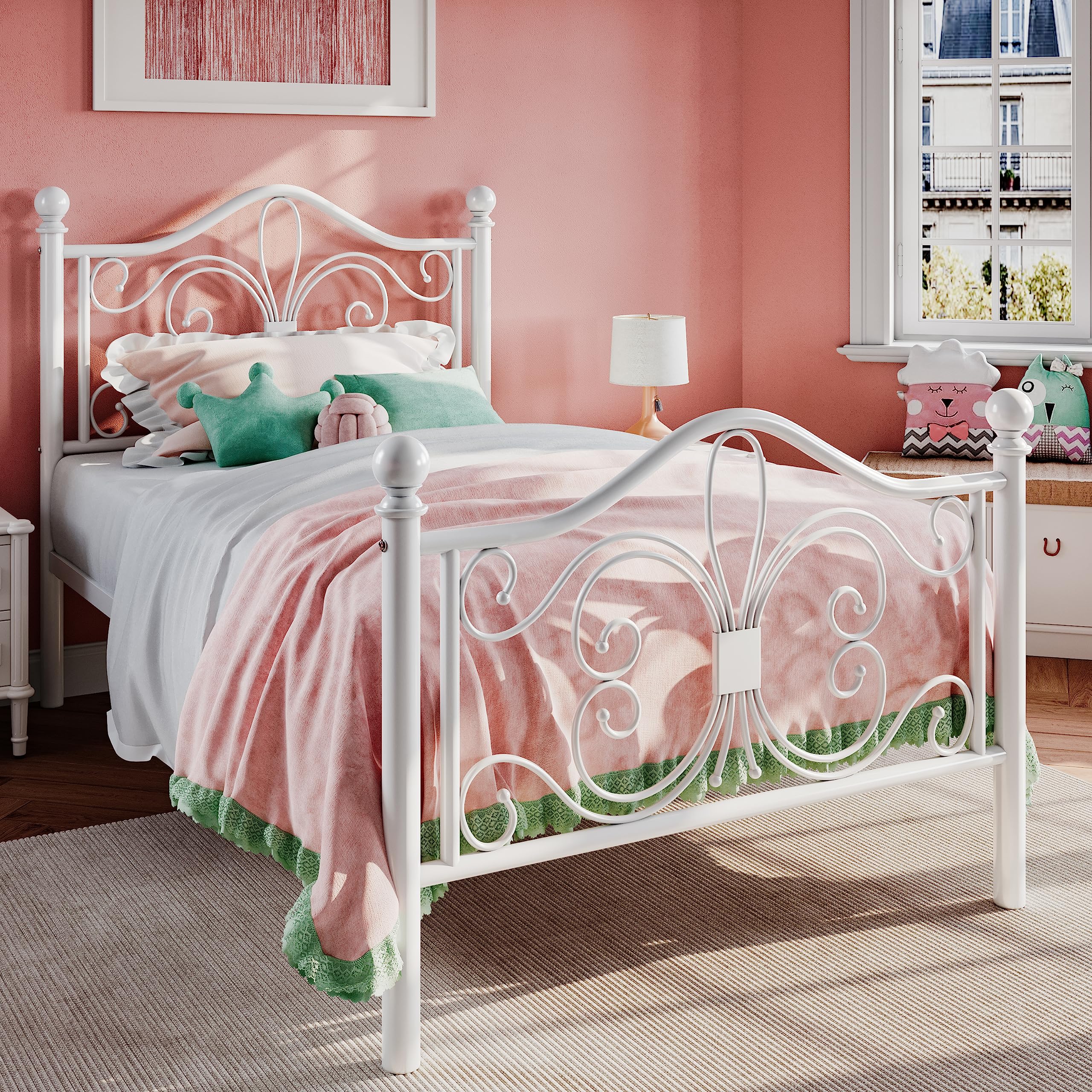 SHA CERLIN Twin Size Metal Bed Frame for Kids - Butterfly Pattern Headboard & Footboard, No Box Spring Required, Easy Assembly, White - Perfect for Children's Bedrooms, Guest Rooms & Small Spaces