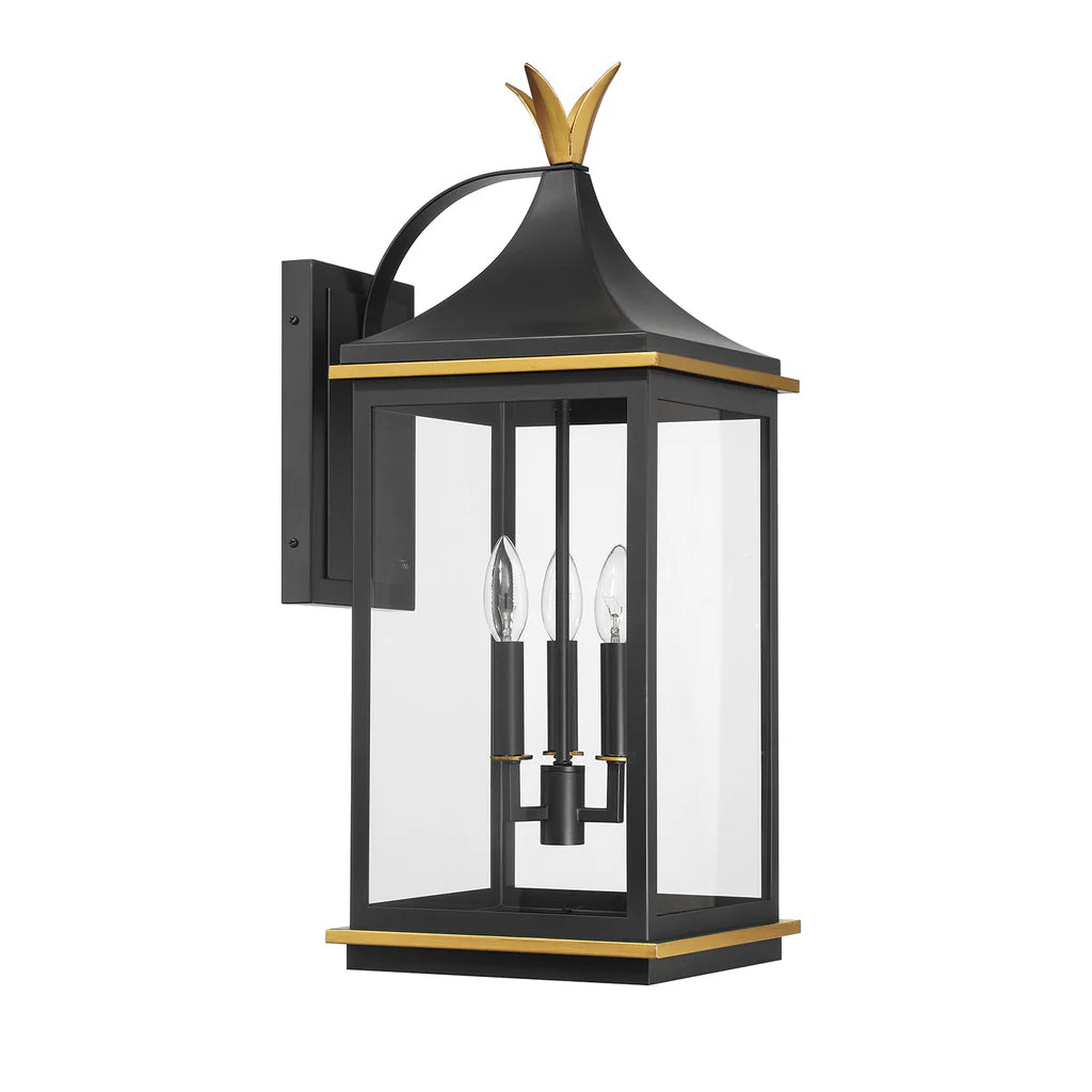 Simpson 3-Light Outdoor Wall Sconce - 10x25 Inch Stainless Steel & Glass Matte Black Fixture with Textured Gold Finish - 120V E12 Candelabra Base LED Compatible - Perfect for Patio Lighting, Garden Decor & Exterior Wall Illumination