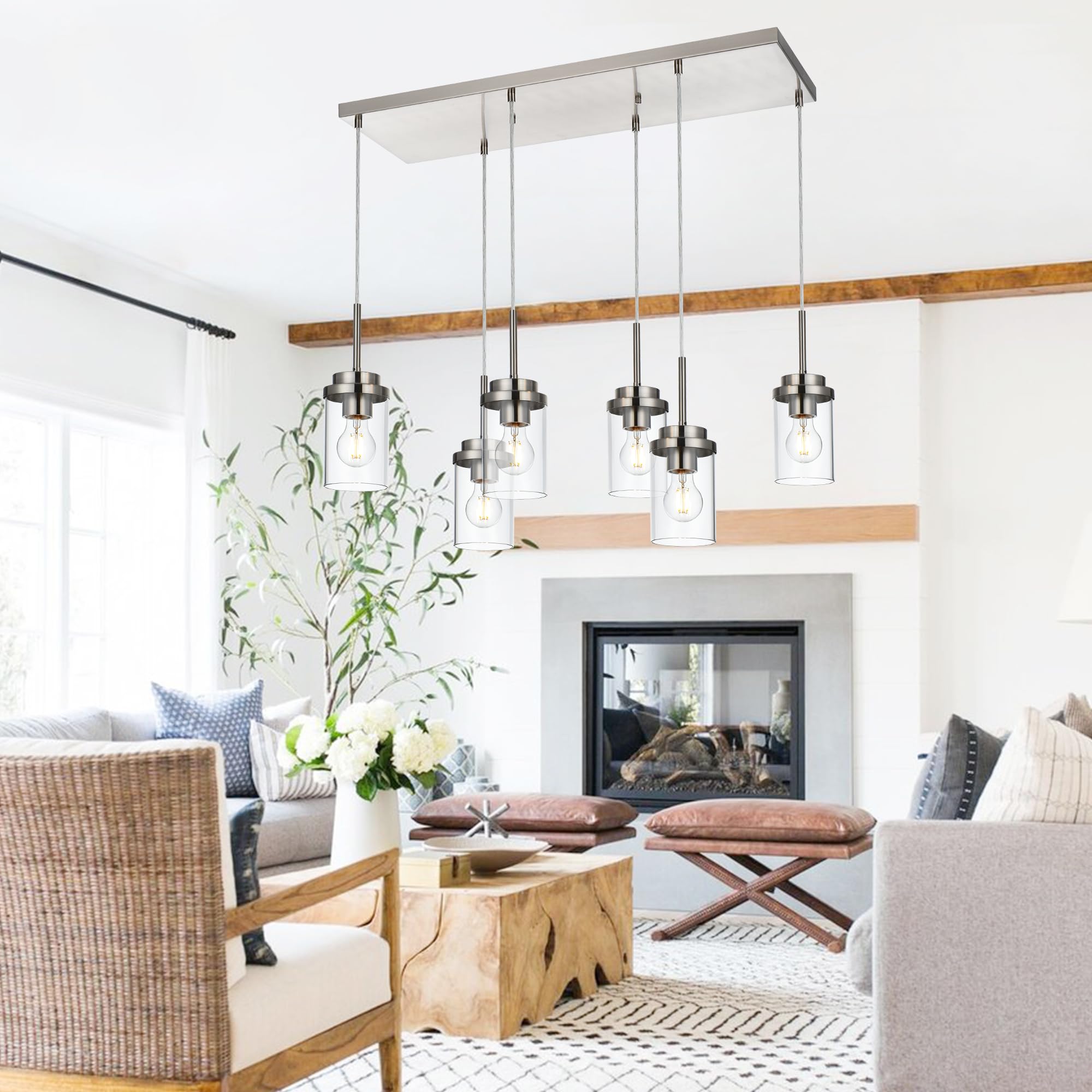 Modern 6-Light Linear Chandelier - 30.5 Inch Brushed Nickel Pendant Lighting with Clear Glass Shades for Kitchen Island & Dining Room | Perfect for Contemporary Home Decor, Restaurant Lighting, and Open Concept Spaces