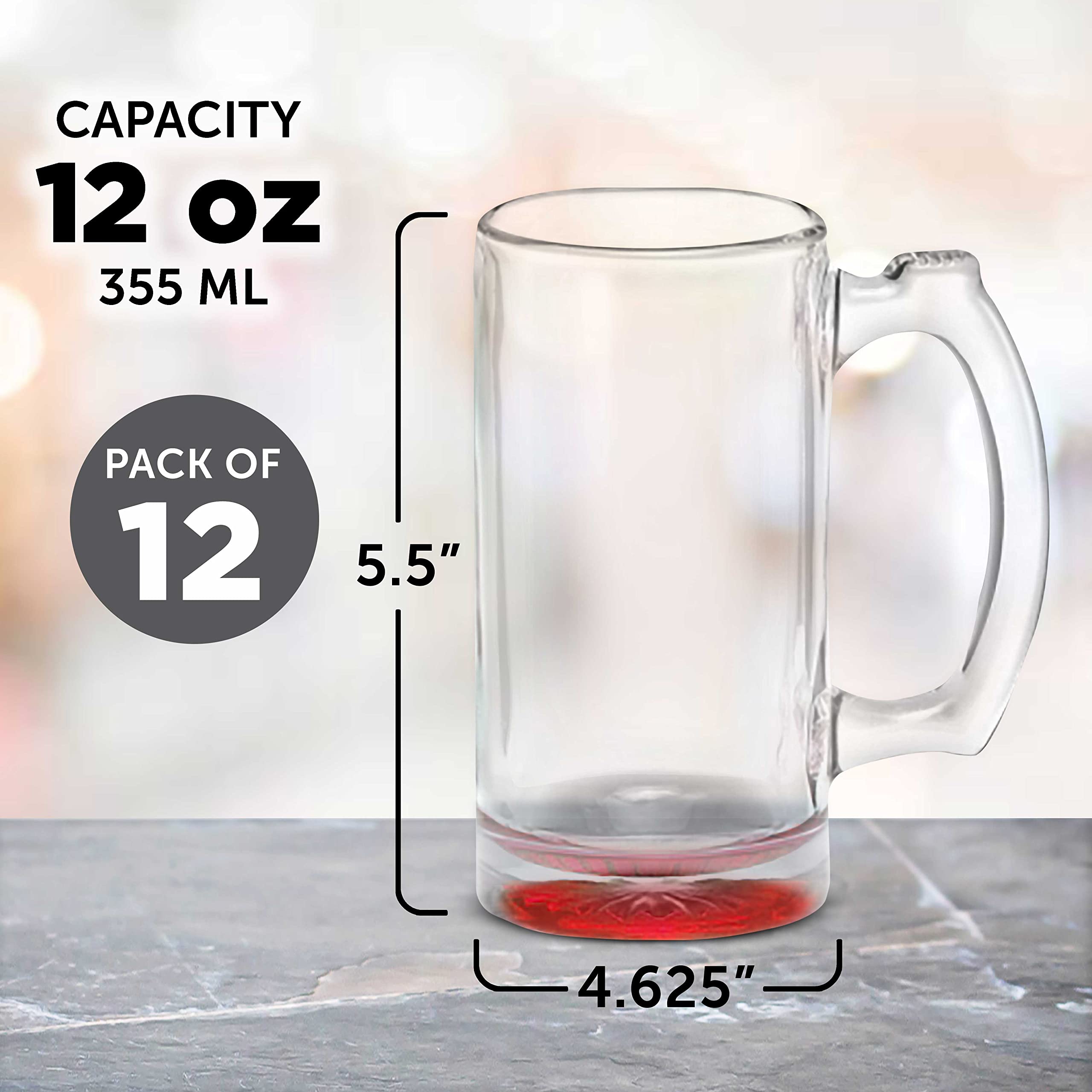 12-Piece Libbey 12 oz Beer Mugs Set - Durable Red Glassware for Groomsmen Gifts, Parties & Home Bar Use