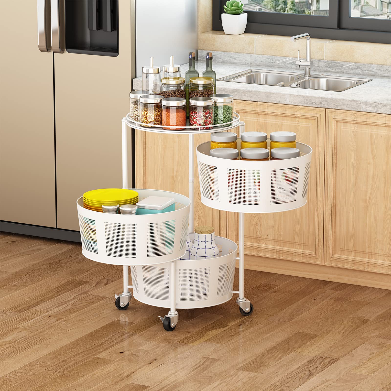 3-Tier Rotating Storage Rack with Wheels - Round Kitchen Organizer Shelf for Vegetables, Fruits & Household Items - Space-Saving Floor Standing Storage Basket for Kitchen, Living Room & Bathroom - White - Perfect for Small Spaces & Clutter-Free Organization