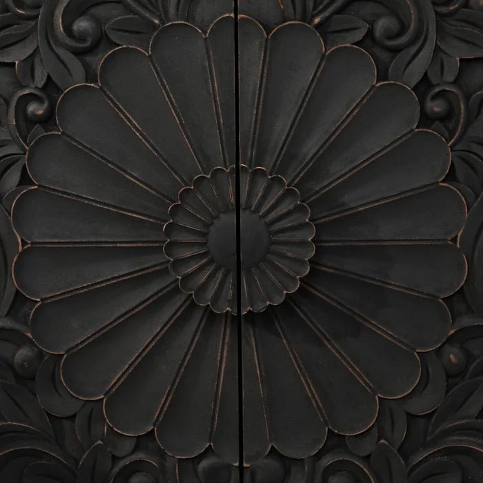 Hand Carved Black Wooden Sideboard Cabinet - Natural Solid Wood Buffet Storage for Dining Room, Living Room & Entryway