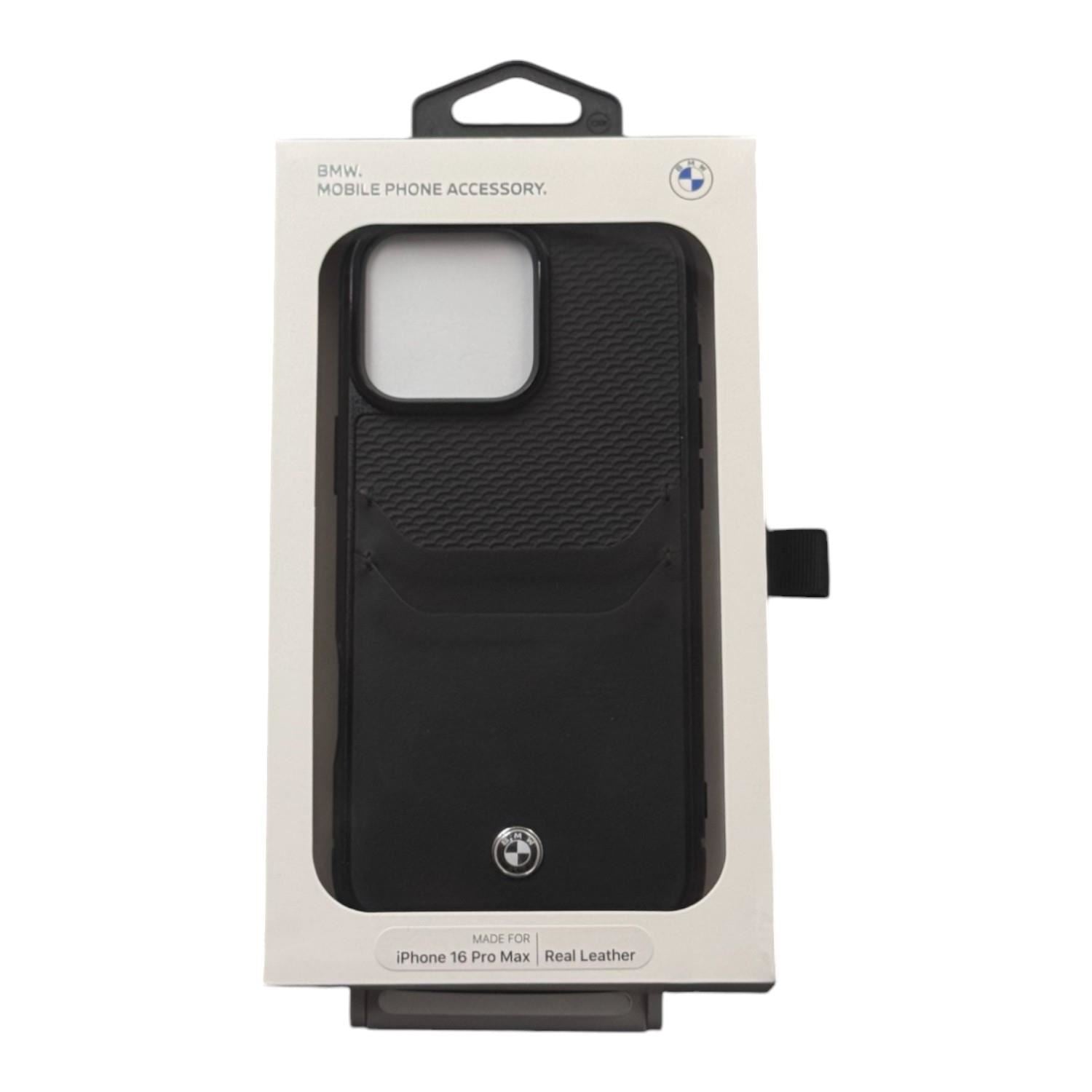 BMW Genuine Leather Card Slot Case for iPhone 16 Pro Max 6.9 Inch - Premium Black Wallet Phone Cover (BMHCP16X22RSEPK) - Perfect for Business Professionals & Daily Use