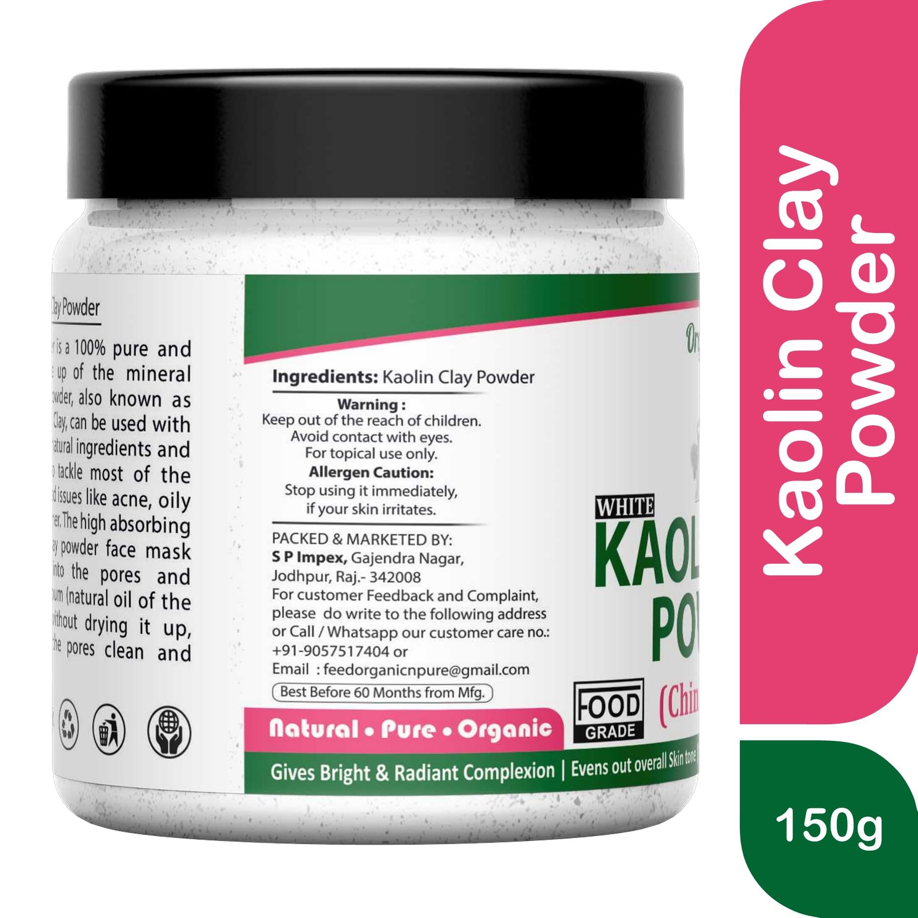 **Organic Kaolin Clay Powder for Skin Whitening & Acne Treatment - 150g Jar - Pure White China Clay for Face, Hair & Body Care - Ideal for DIY Masks, Scrubs & Spa Treatments**