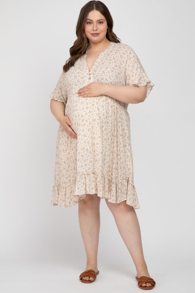Beige Floral Maternity Dress with Short Sleeves & Ruffle Hem - Plus Size Pregnancy Outfit for Baby Shower, Photo Shoot & Casual Wear