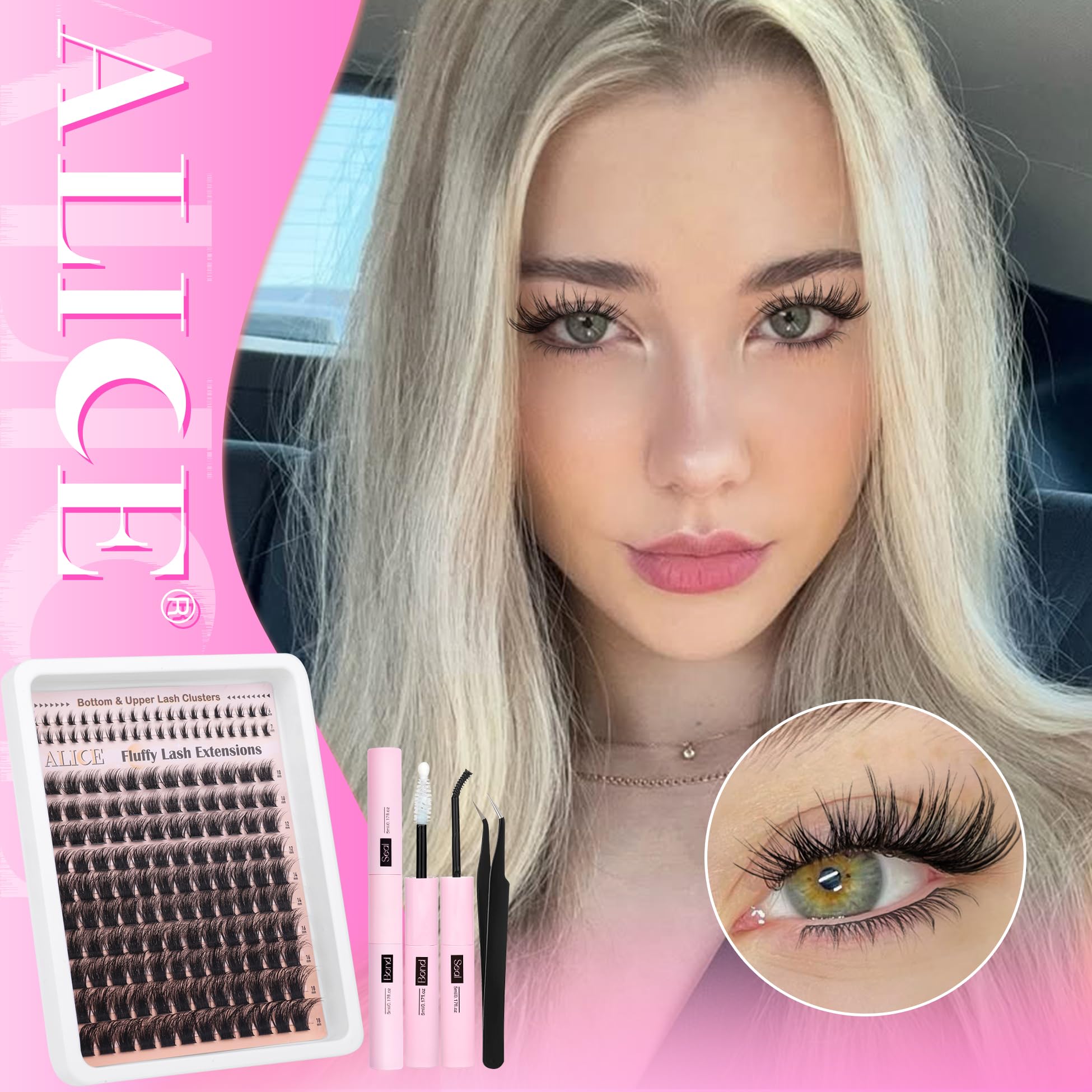 ALICE Lash Clusters Kit - 6-18mm Fluffy Volume Wispy Eyelash Extensions with CD Curl | Individual Lashes Kit Includes Bottom Lashes, Waterproof Bond & Seal | Perfect for Daily Wear, Special Occasions & Professional Makeup