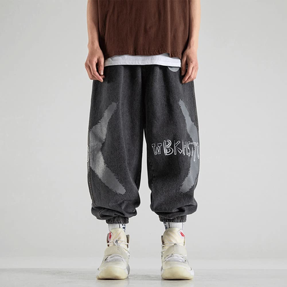 GELTDN Men's Custom Printed Loose Fit Mid-Waist Straight Leg Jeans - Gray XXL (Asian Size) | Casual Streetwear & Everyday Comfort Pants for Men