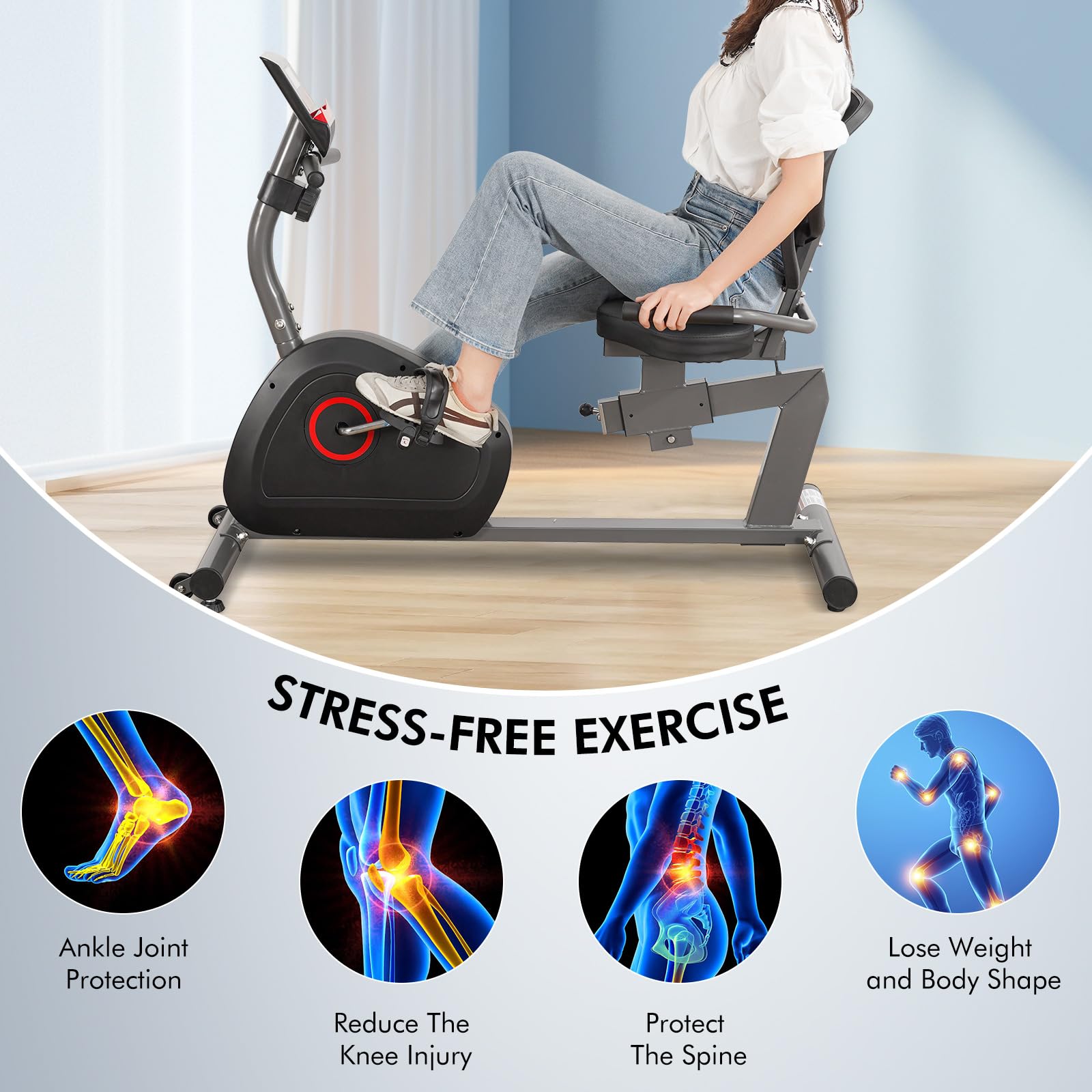 Recumbent Exercise Bike for Home - Magnetic Stationary Bike for Adults & Seniors - LCD Display with Heart Rate Handles - Perfect for Home Gym, Physical Therapy & Low-Impact Workouts