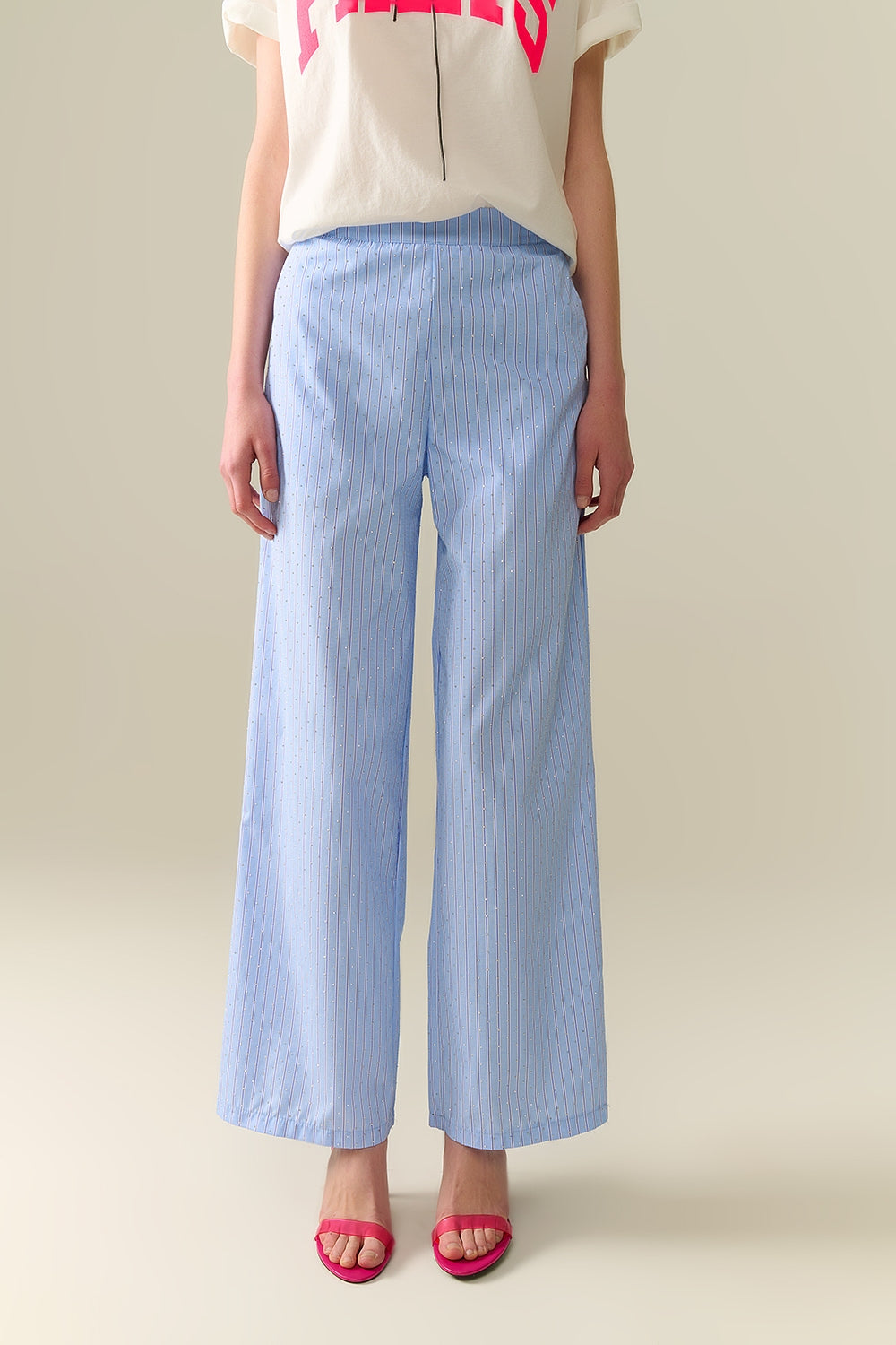 Blue Striped Wide-Leg Pants with Rhinestone Embellishments - Elegant Casual Wear for Women, Perfect for Parties, Dates & Office Outfits