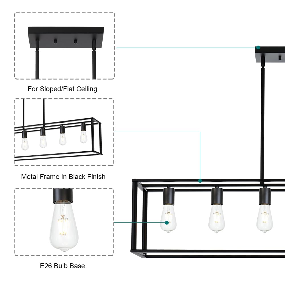 Farmhouse 6-Light Kitchen Island Pendant Lighting - Black Linear Chandelier for Dining Room, Kitchen, Bar & Game Room - E26 Base Metal Fixture - Perfect for Farmhouse Decor & Entertaining Spaces
