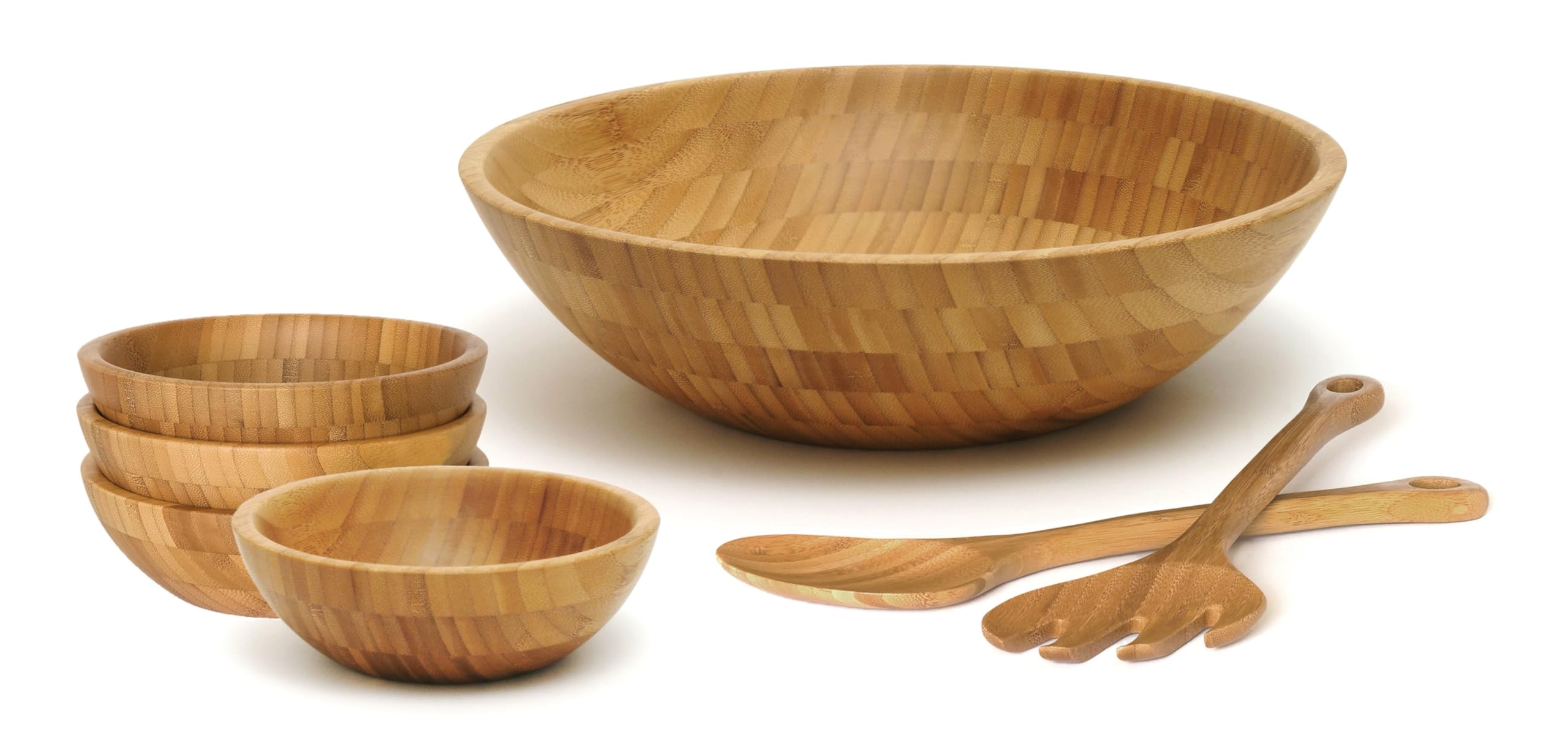 Lipper International 7-Piece Bamboo Wood Salad Bowl Set with Serving Utensils - Eco-Friendly, Durable & Lightweight for Healthy Meals, Entertaining & Picnics