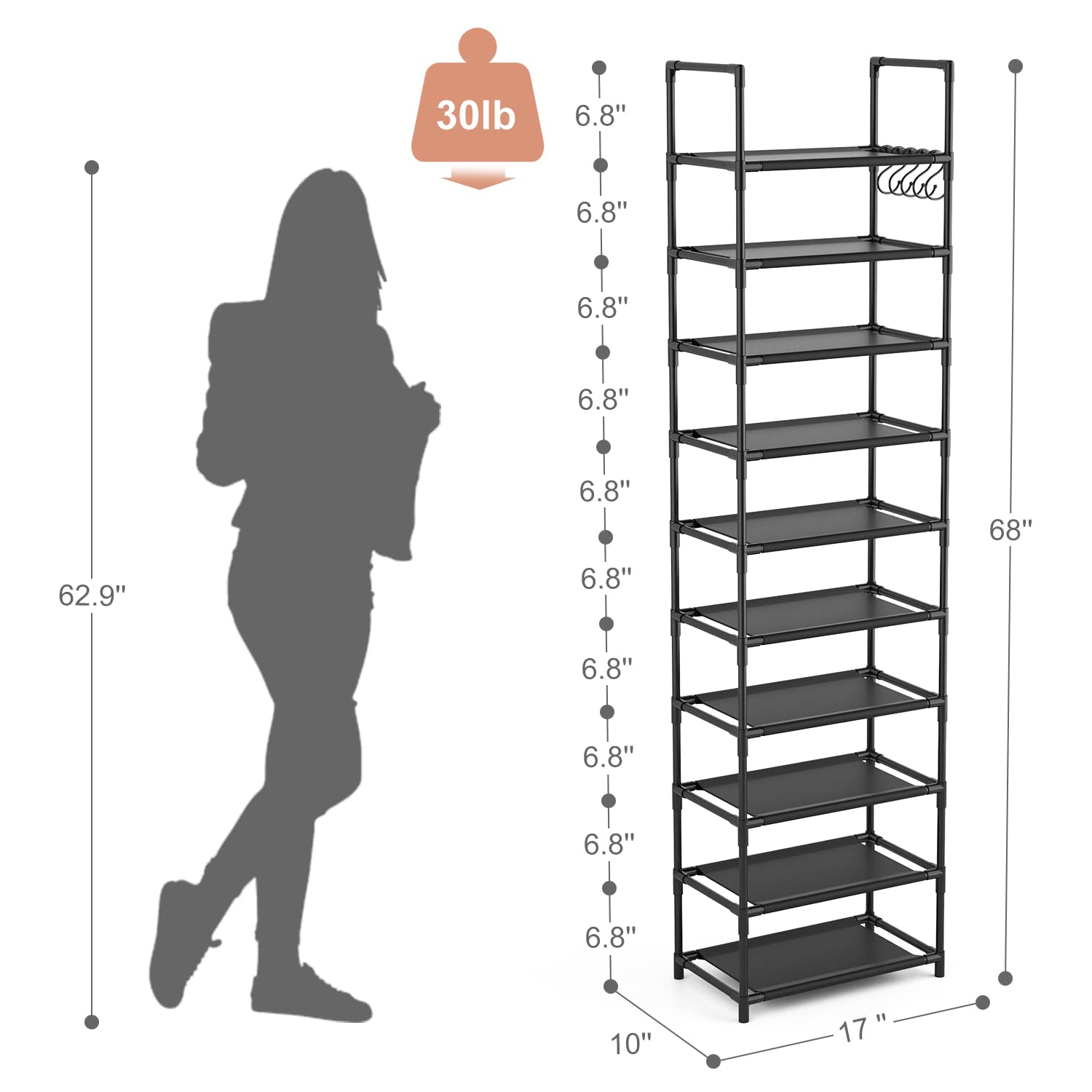 10-Tier Tall Shoe Rack for 20-25 Pairs | Sturdy Narrow Boot Organizer with Hooks | Space-Saving Entryway & Closet Storage Shelf (Black) | Perfect for Small Apartments, Dorm Rooms & Mudroom Organization