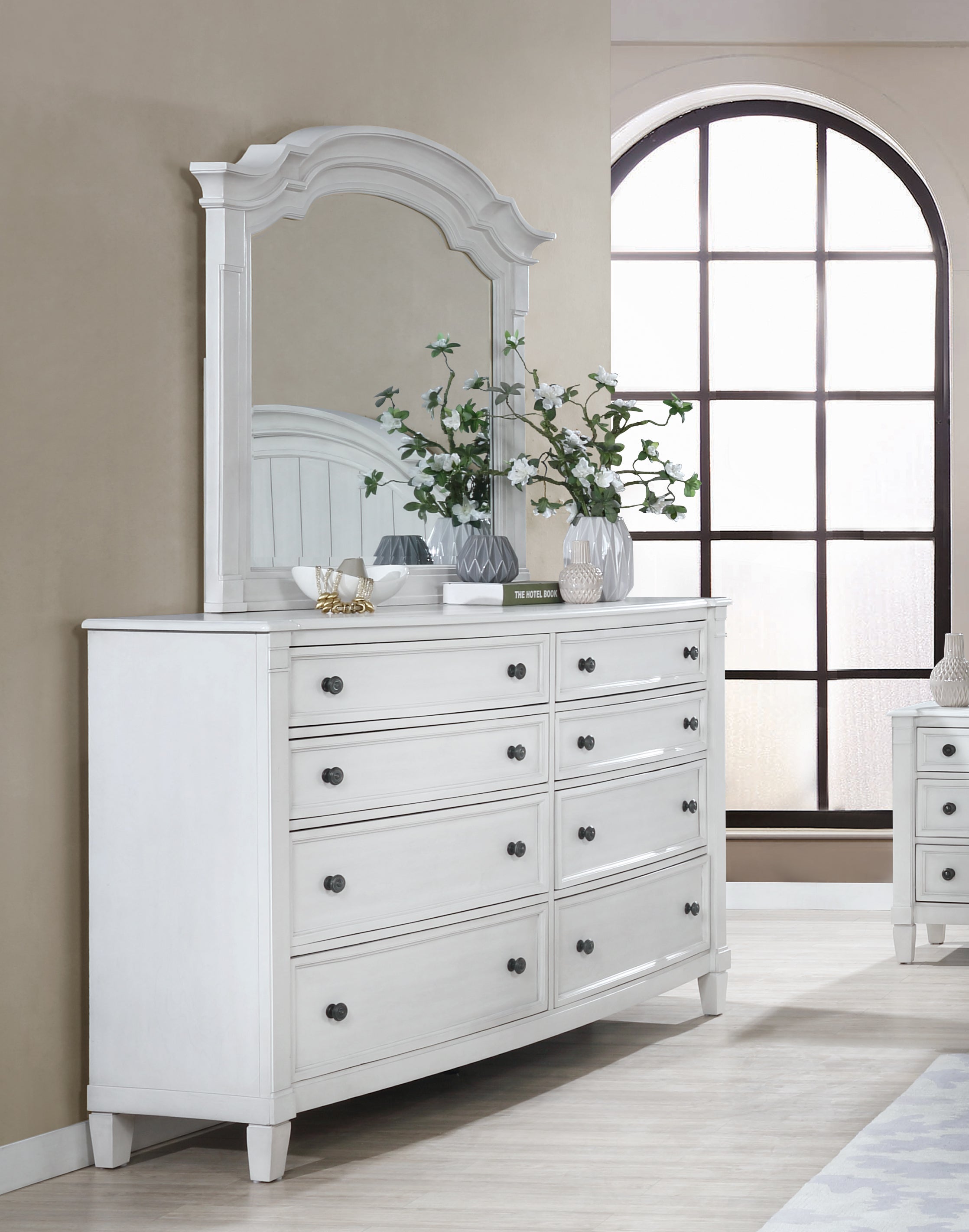 White Saline Wood Planked 8-Drawer Dresser with Mirror - Modern Bedroom Furniture for Home Organization & Storage