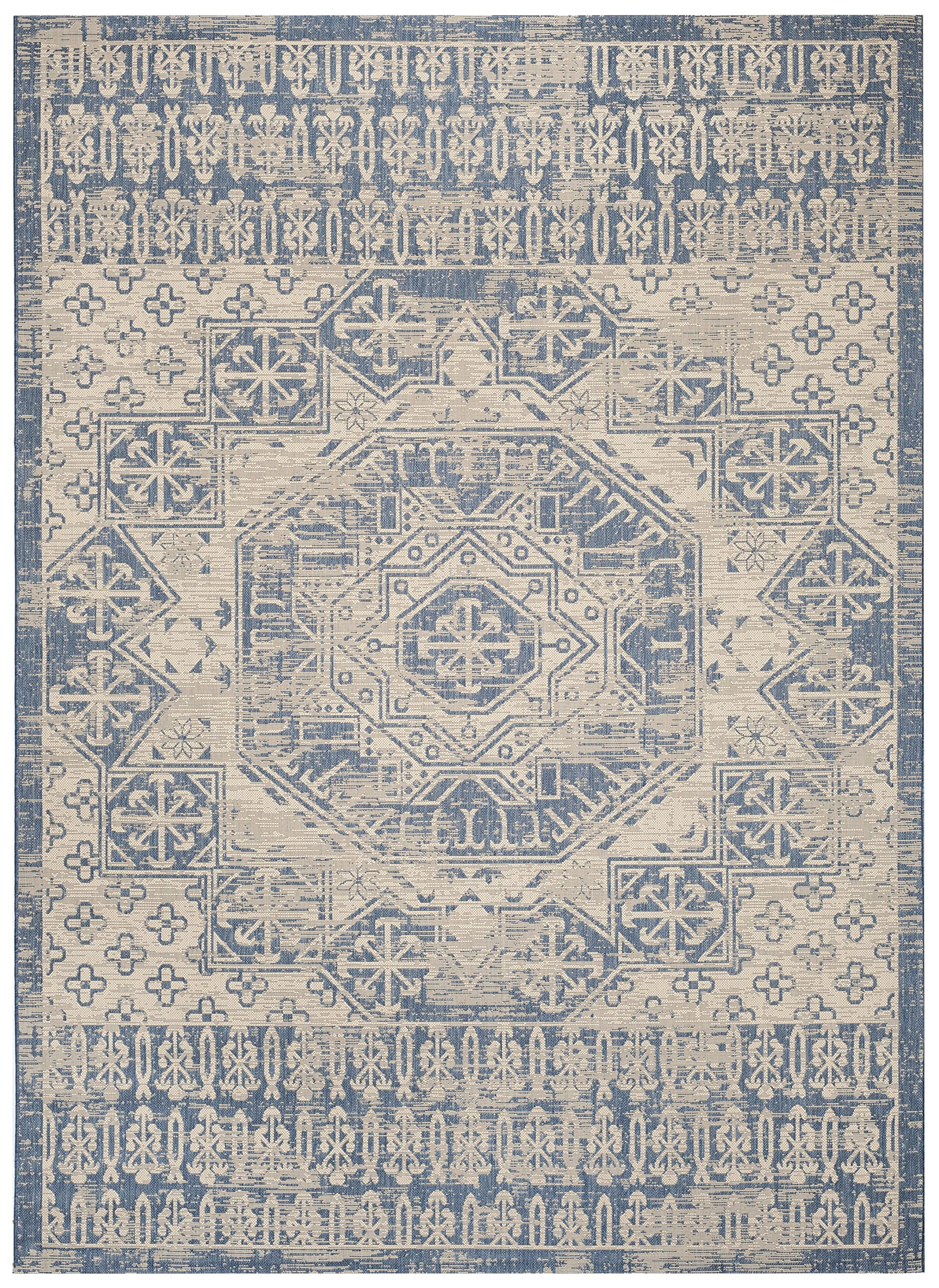 SAFAVIEH Courtyard Collection 8' x 11' Beige and Blue Indoor Outdoor Waterproof Rug - Easy to Clean, Stain Resistant Area Rug for Patio, Backyard, Mudroom, Deck, and Poolside Use