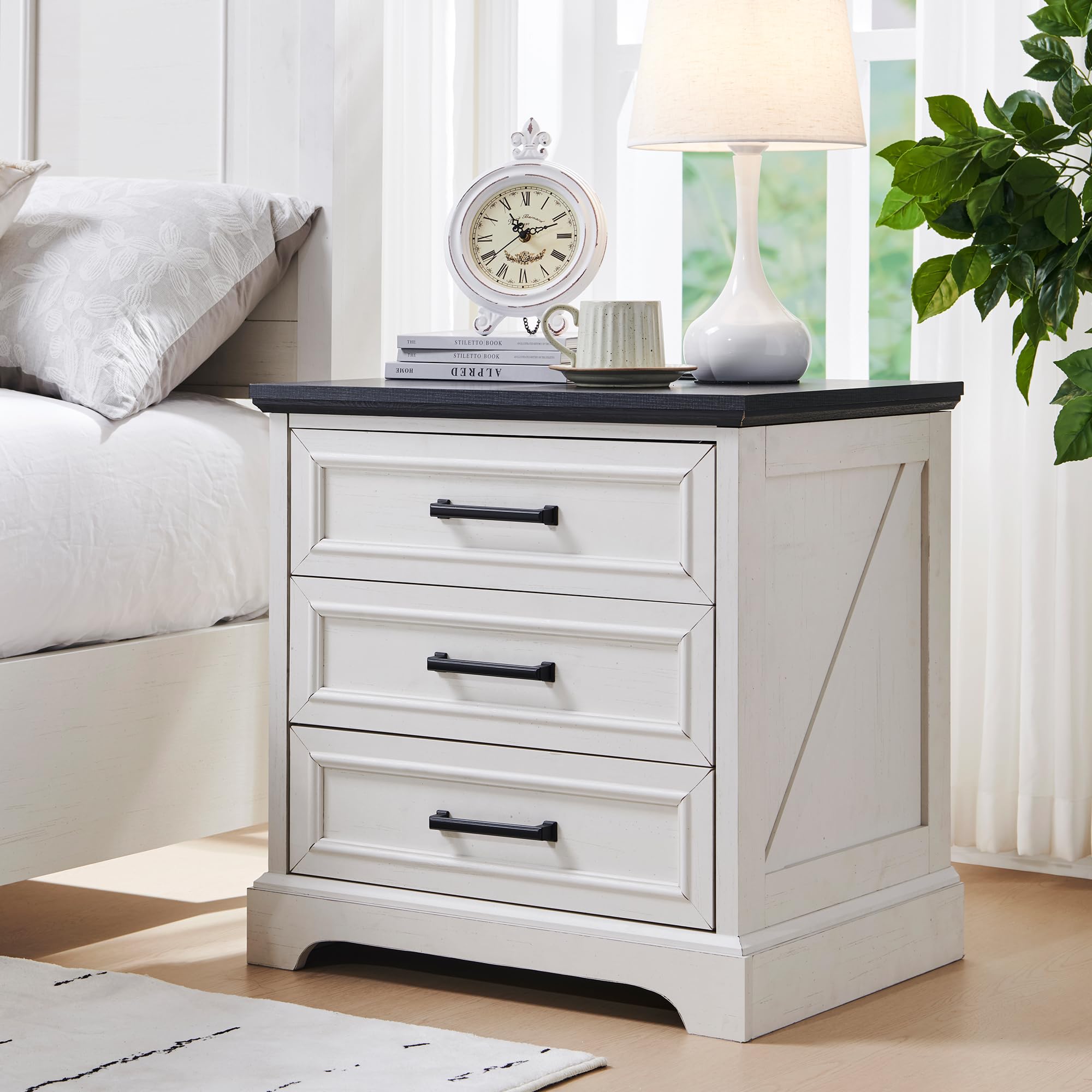 Farmhouse Nightstand with USB Charging Station - 24 Inch Wide Rustic Wood End Table with 3 Large Drawers & Bar Handles - Small Dresser Chest for Bedroom, Living Room, Closet (Off White) - Perfect for Modern Farmhouse Decor & Bedside Organization