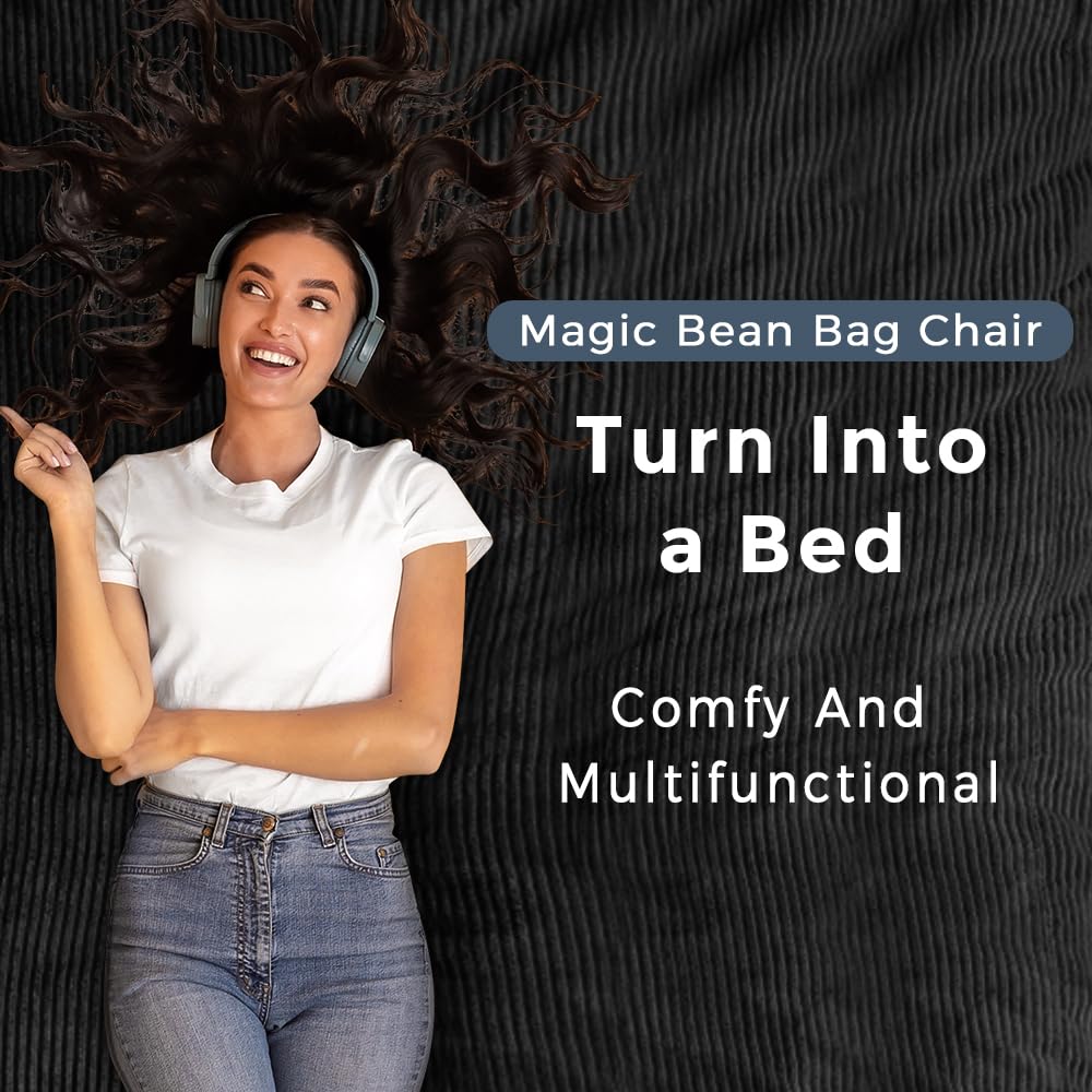 MAXYOYO Oversized Bean Bag Chair - Convertible Giant Bean Bag Bed for Adults & Kids, Foldable Floor Mattress & Lounge Chair, Soft & Comfortable, Black - Perfect for Living Room, Bedroom, Game Room & Dorm