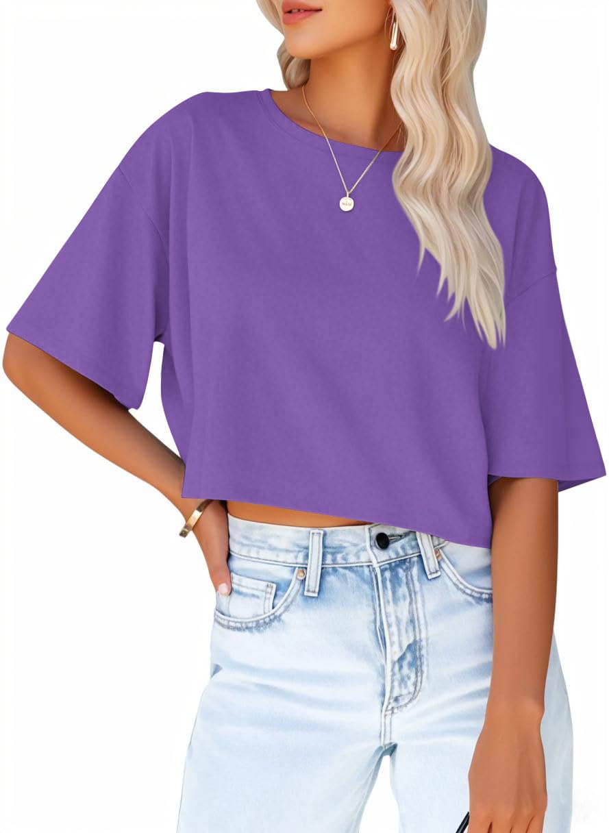 Trendy 2025 Women's Half Sleeve Crewneck Crop Tops - Casual Summer Cropped T-Shirts for Workout & Streetwear | Perfect for Gym, Yoga, Beach & Everyday Fashion