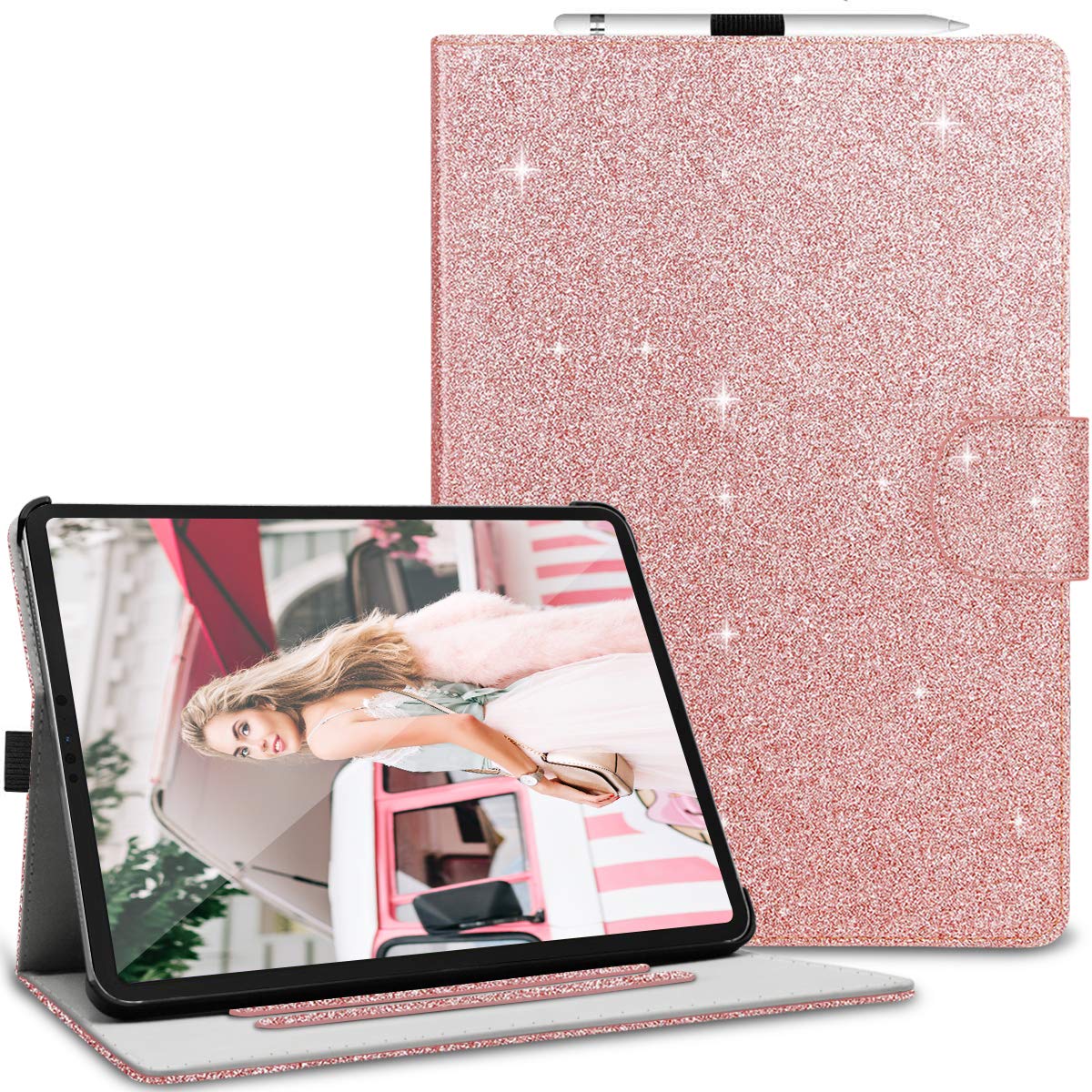 Premium Slim Glitter Sparkle PU Leather Hard PC Stand Smart Cover Case for iPad Air 11 Inch (2024) & iPad Pro 11 Inch (2022/2021/2020/2018) & iPad Air 10.9 Inch (6th/5th/4th Gen) - Rose Gold | Protective Stylish Cover for Work, School & Travel