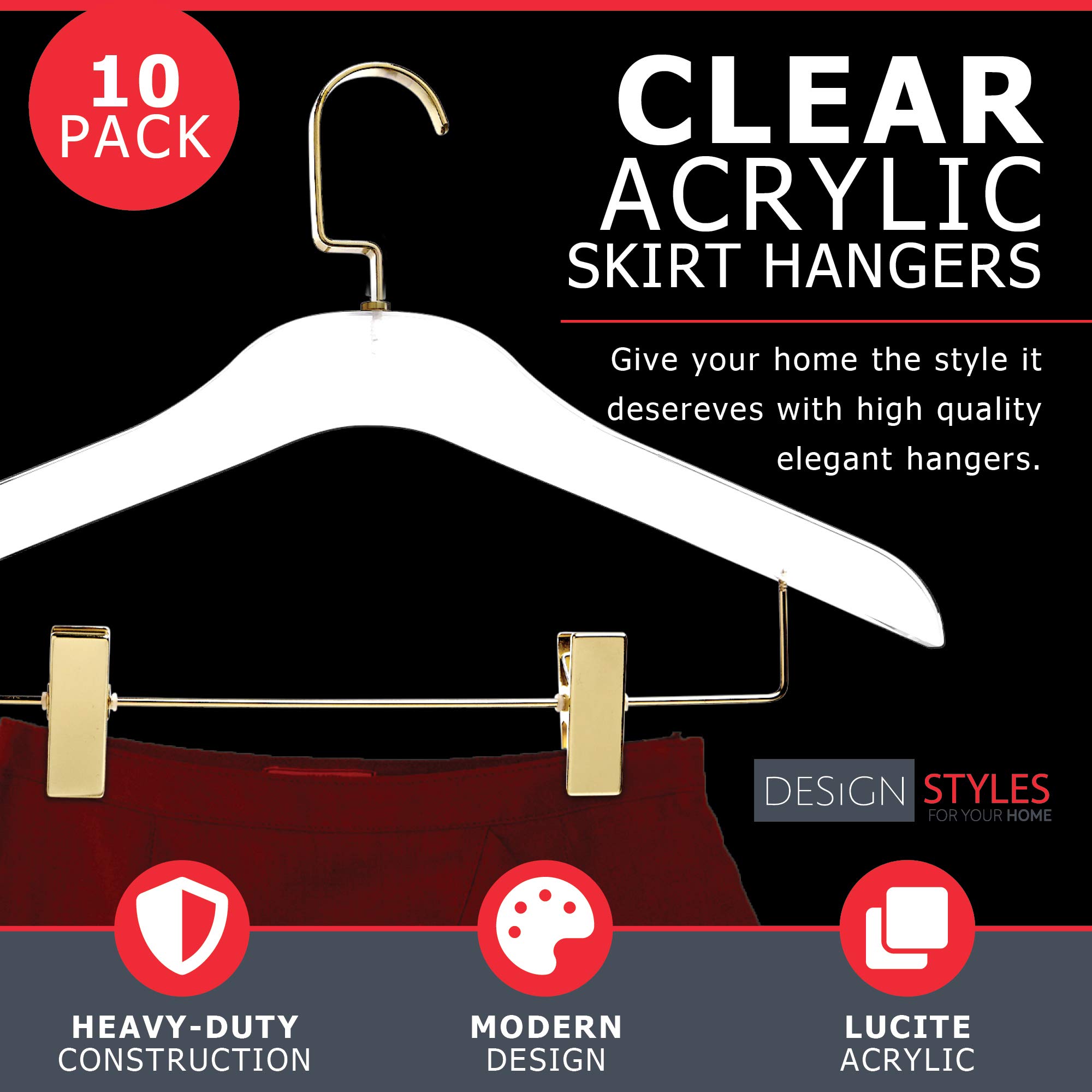 Clear Acrylic Skirt Hangers - 10 Pack Heavy Duty 0.5 Inch Thick Non-Slip Closet Organizers with Gold Chrome Plated Hooks & Clips - Premium Clothing Hangers for Skirts, Pants, Dresses - Perfect for Wardrobe Organization & Retail Display