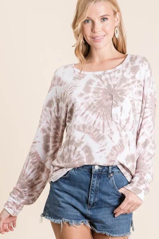 Bibi Tie Dye Print Terry Top With Front Patch Pocket - Mauve/Taupe Women's Fashion | Casual Wear, Beach Outfit, Summer Style