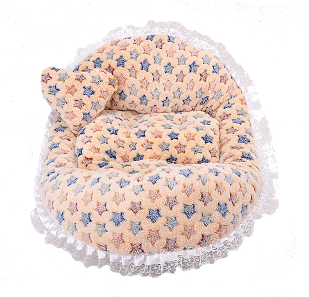 Luxury Lace Polka Dot Dog Bed with Pillow - Soft & Comfortable Pet Bed for Small & Medium Dogs - Perfect for Home, Crate, or Travel (Coffee-Stars Design)