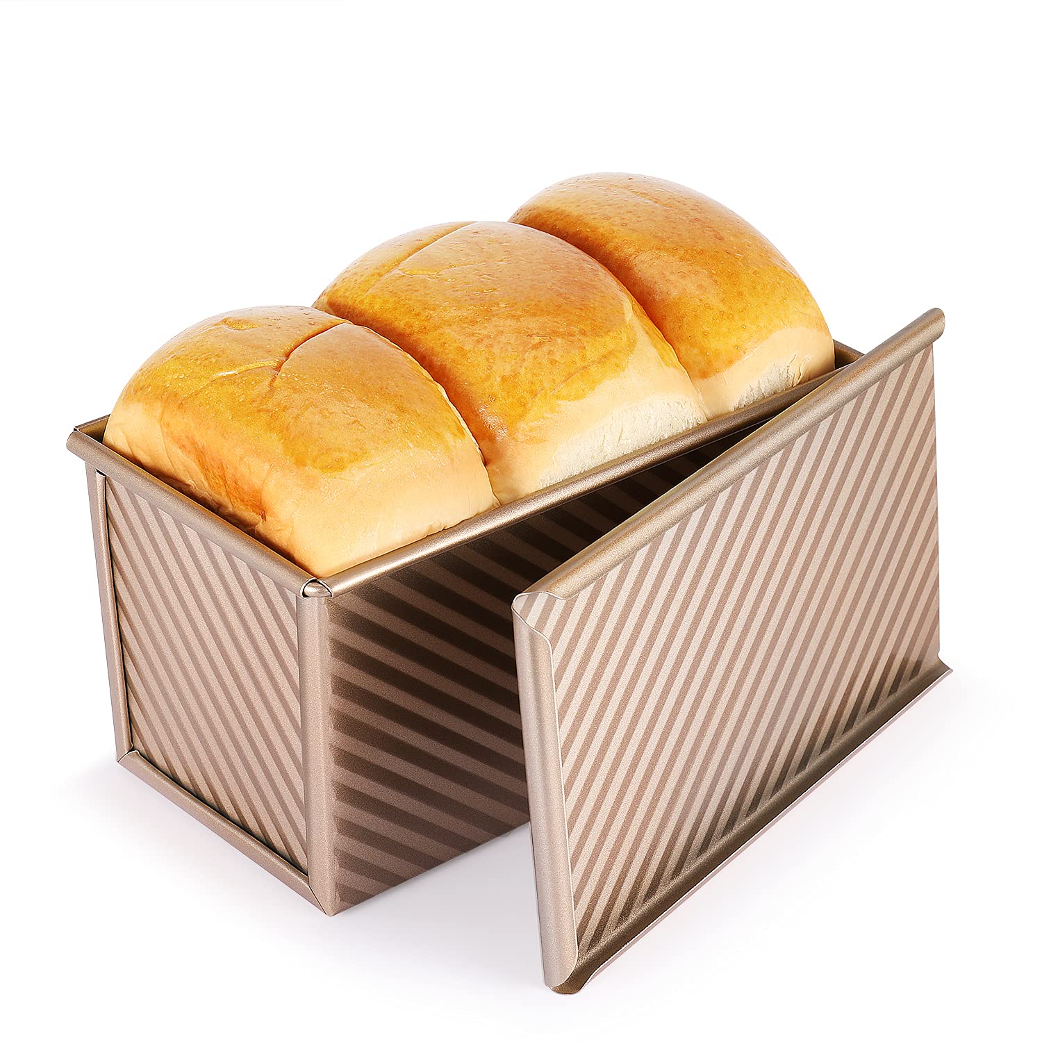 Flexzion Pullman Loaf Pan with Lid - 1lb Capacity Gold Corrugated Square Bread Mold for Homemade Bread, Sourdough, Cake & Toast - Perfect for Baking Sandwich Bread & Artisan Loaves at Home
