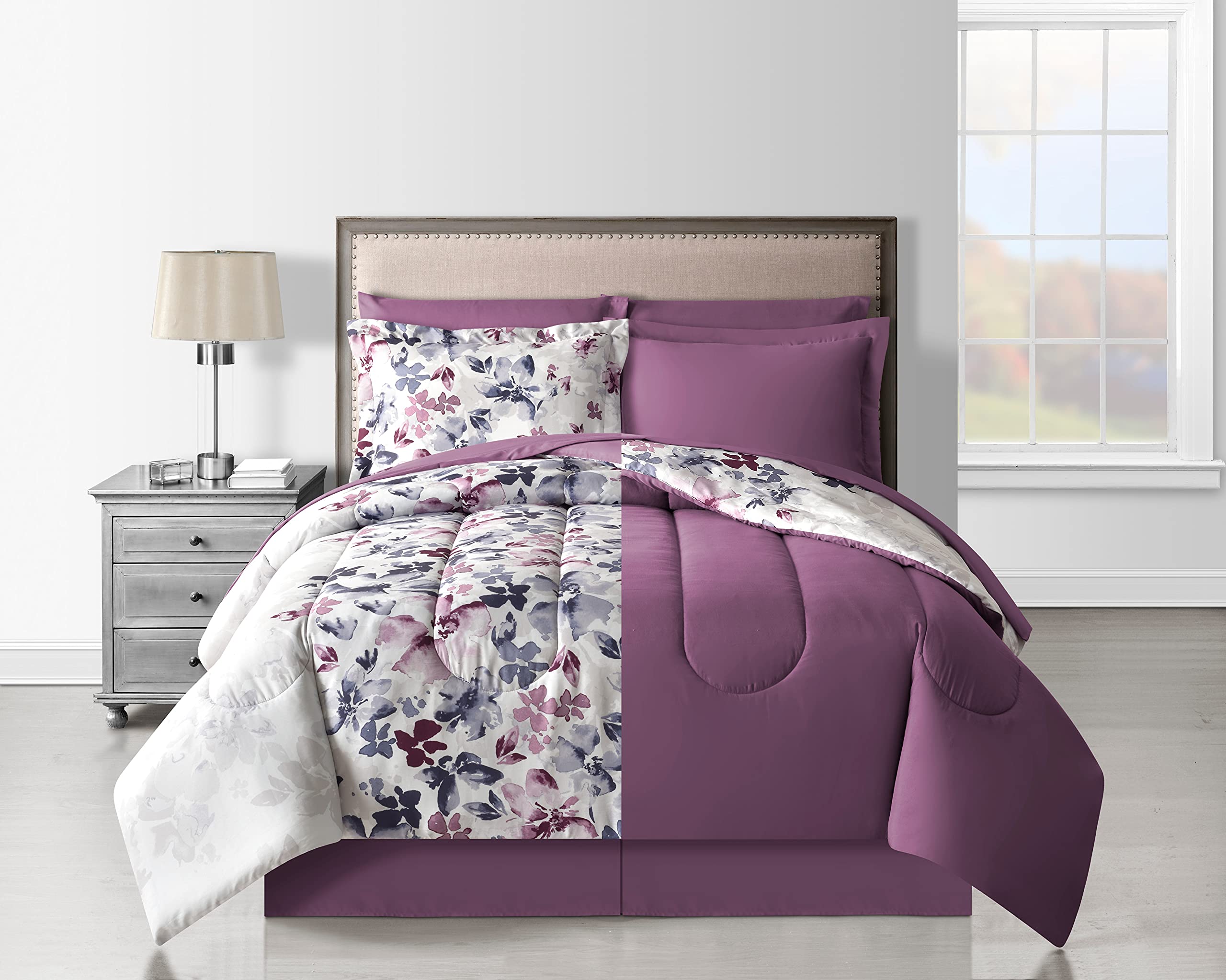 Monica 6-Piece Twin Size Bed-in-A-Bag Set - White & Lilac Floral Pattern Comforter, Sheet & Pillowcase Set for Girls Bedroom Decor