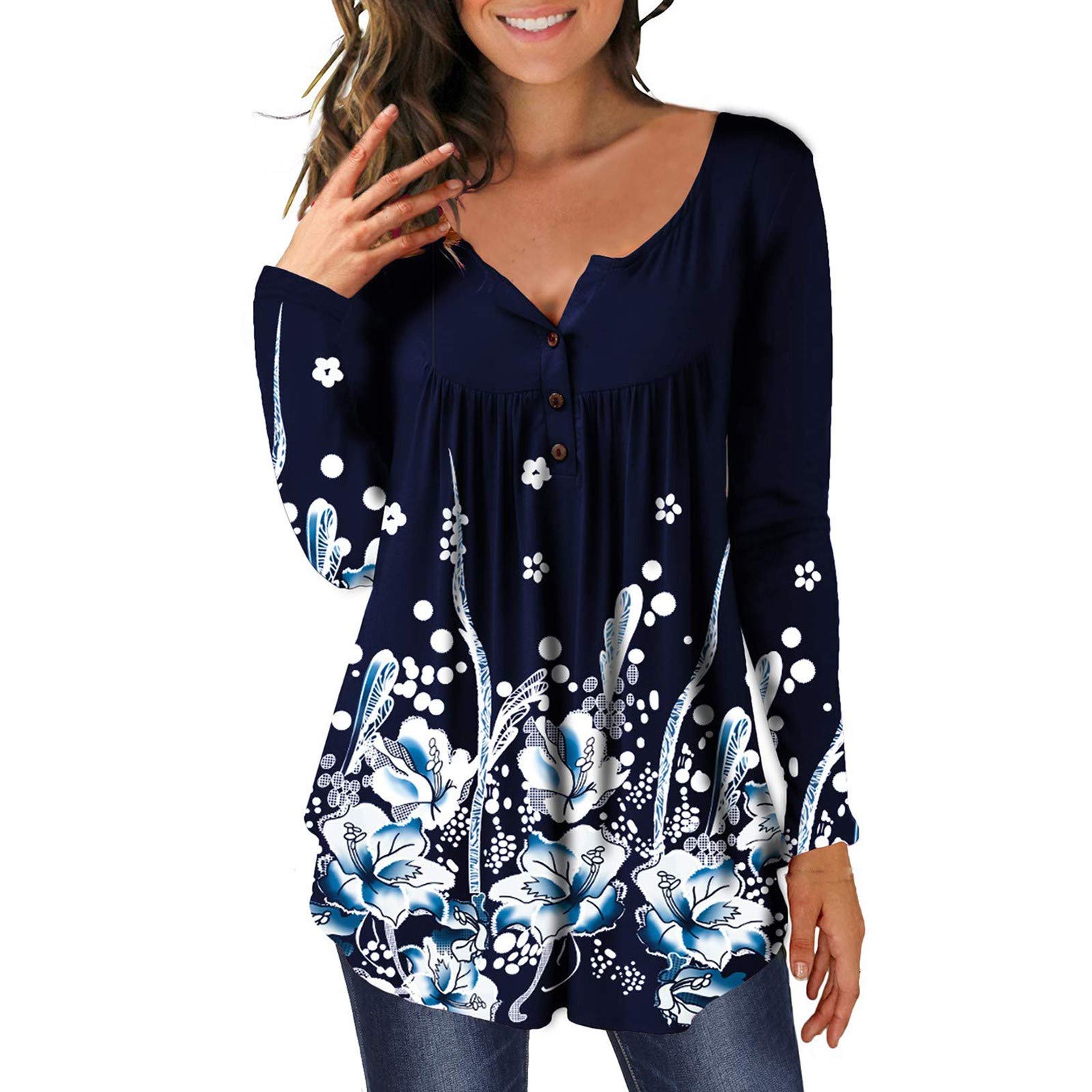 Asymmetric Round Neck Long Sleeve Printed Blouse for Women - Fashionable Button-Detail Top for Casual Wear, Office & Date Night Outfits